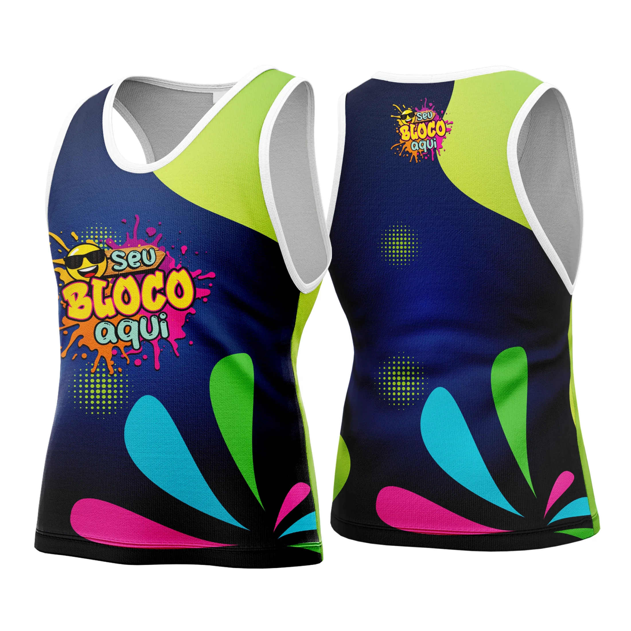 Camiseta unissex branca com logo no peito e estampa grande nas costas, tema Camisa Abadá Carnaval Personalizada 2026, ideal para festa e blocos de carnaval com toque vibrante e moderno.