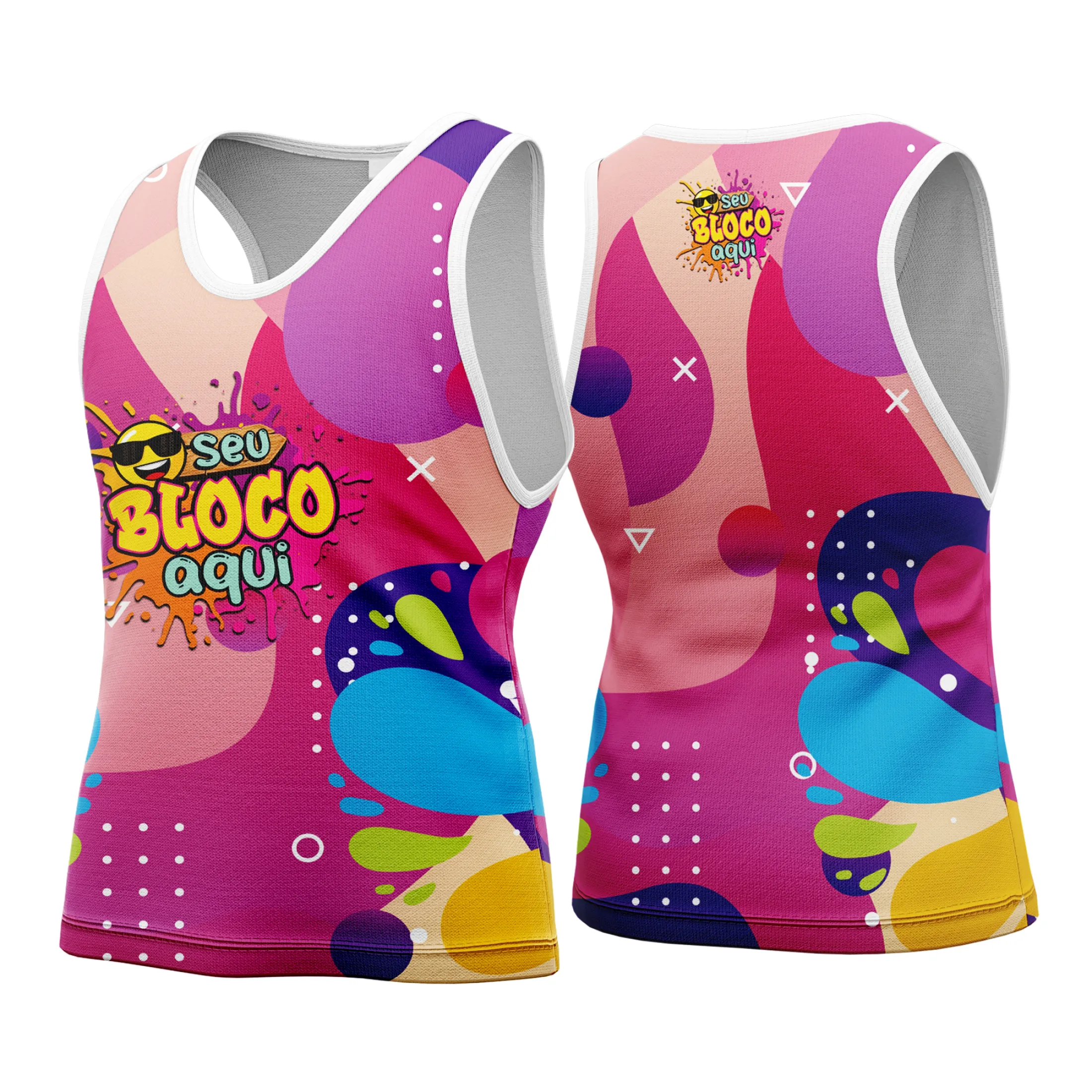 Camiseta unissex com base branca, logo no peito e estampa grande nas costas com tema Camisa Abadá Carnaval Personalizada 2026, perfeita para celebrar o carnaval com estilo e conforto.