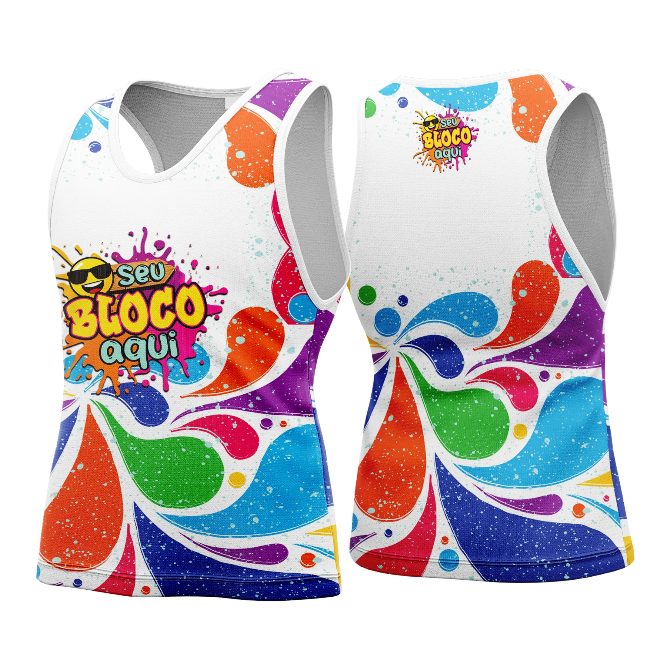 Camiseta unissex branca com logo no peito e estampa grande nas costas, tema Camisa Abadá Carnaval Personalizada 2026, ideal para curtir o Carnaval com estilo e conforto.