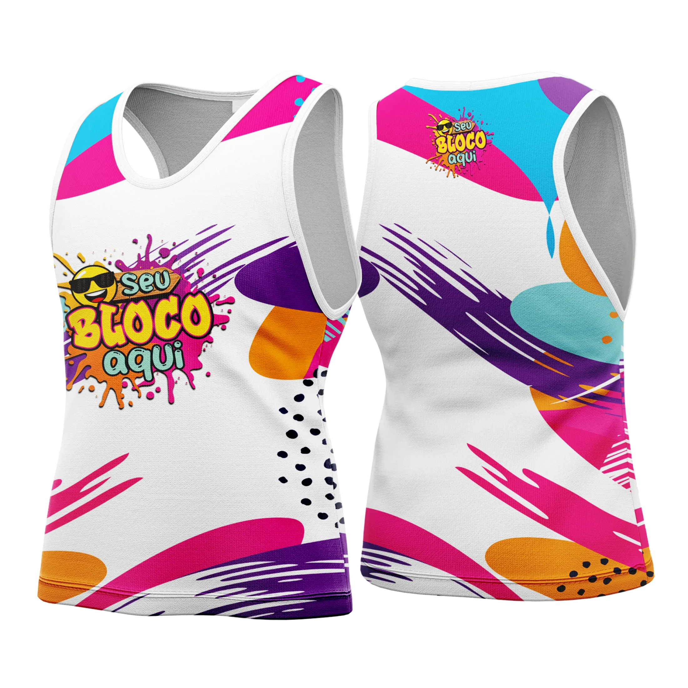 Camiseta unissex branca com logo no peito e estampa grande nas costas inspirada no Carnaval 2026, ideal para festas e blocos de rua.