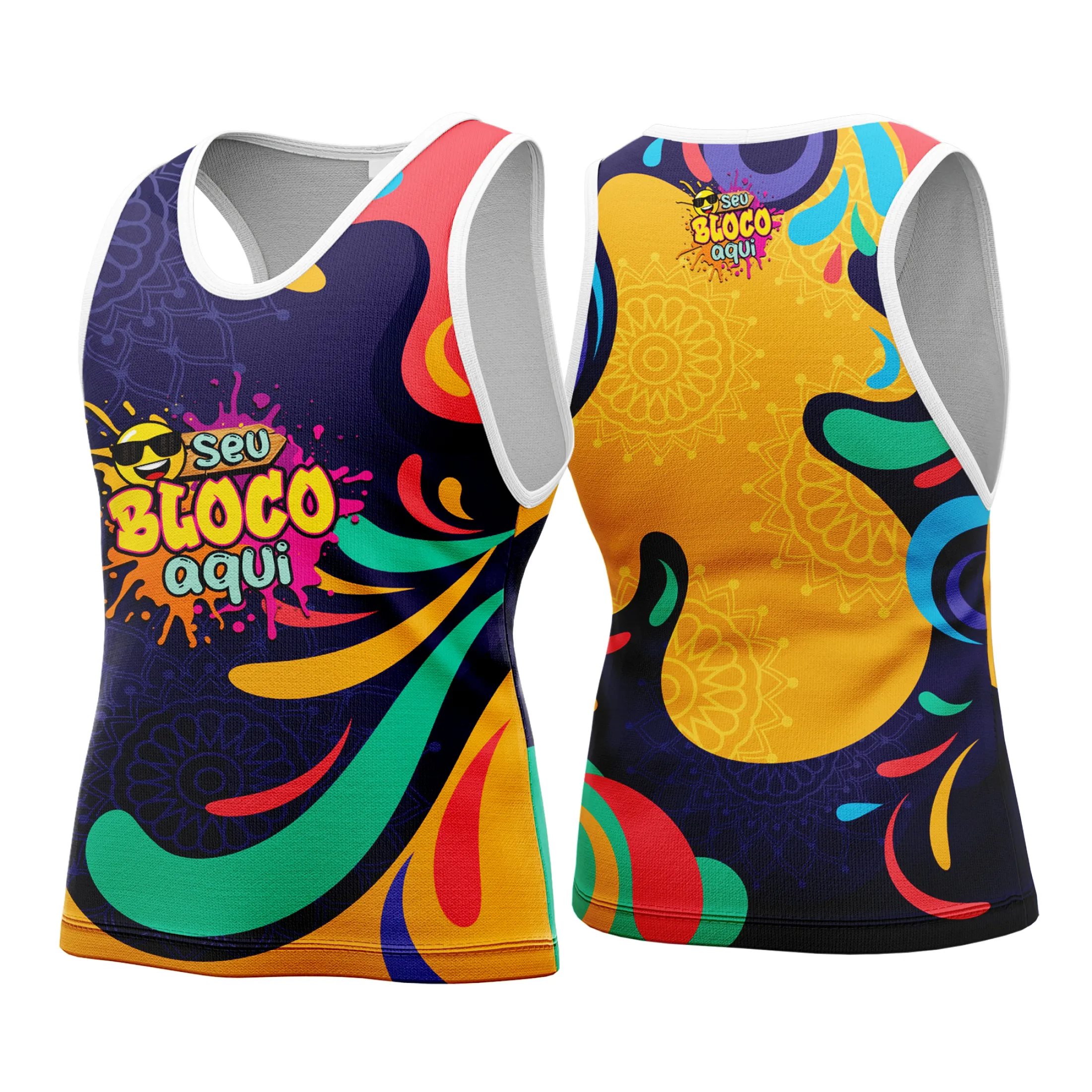 Camiseta unissex branca com logo no peito e estampa grande nas costas, tema Camisa Abadá Carnaval Personalizada 2026, perfeita para festas e blocos de rua.