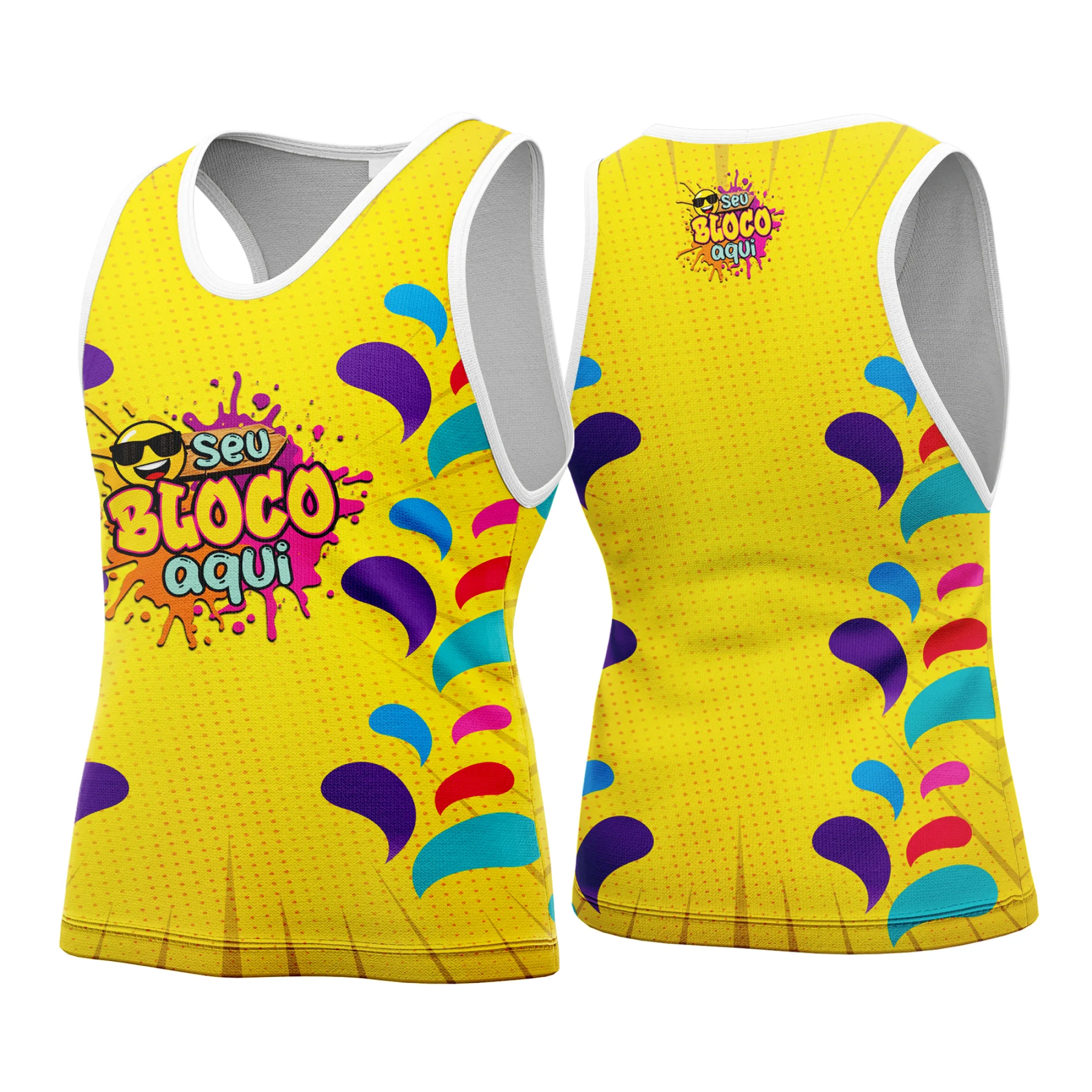 Camiseta unissex branca com logo no peito e estampa grande nas costas celebrando o Carnaval 2026 com cores vibrantes e design festivo.