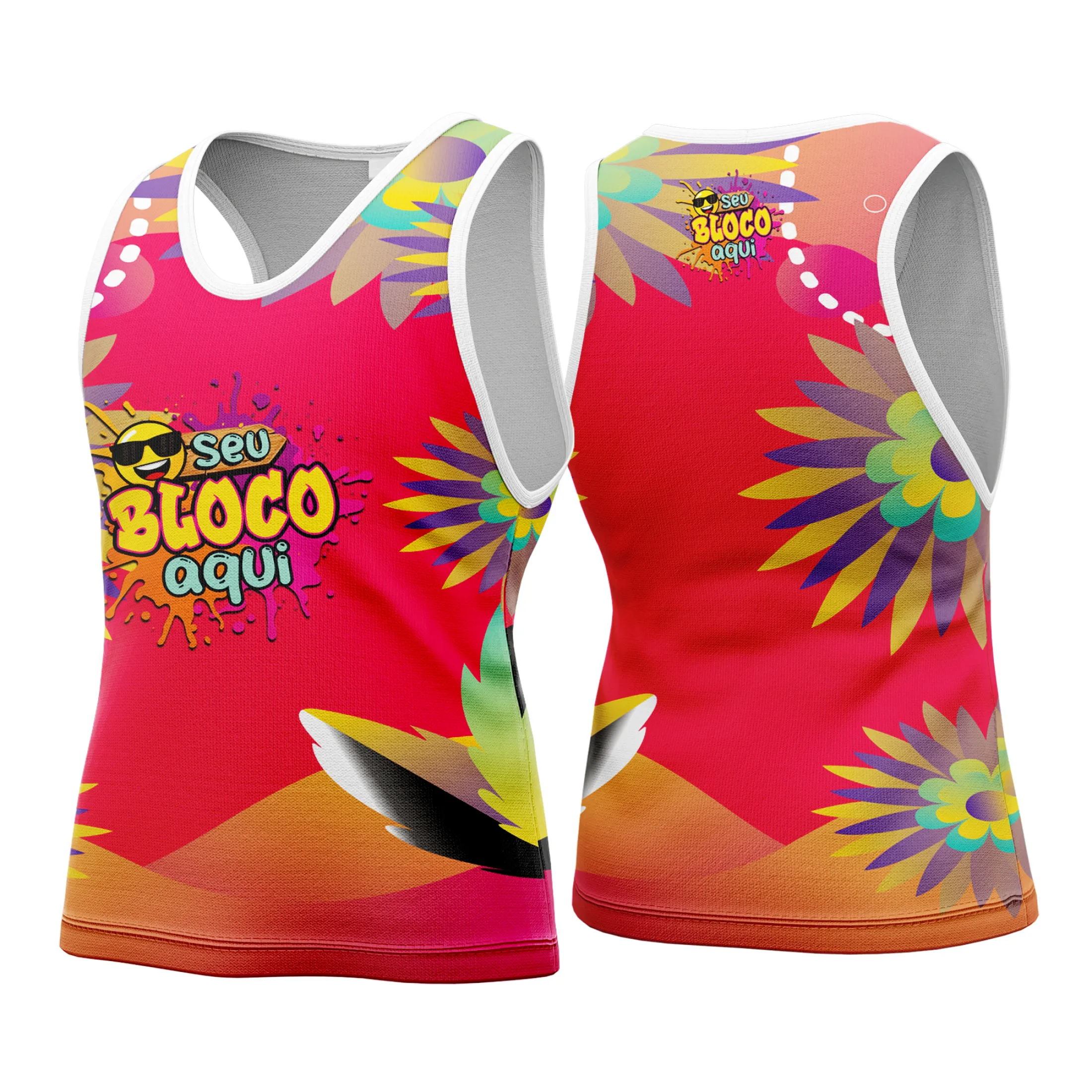 Camiseta unissex branca com logo no peito e estampa grande nas costas do tema Camisa Abadá Carnaval Personalizada 2026, ideal para foliões que querem destaque na festa.