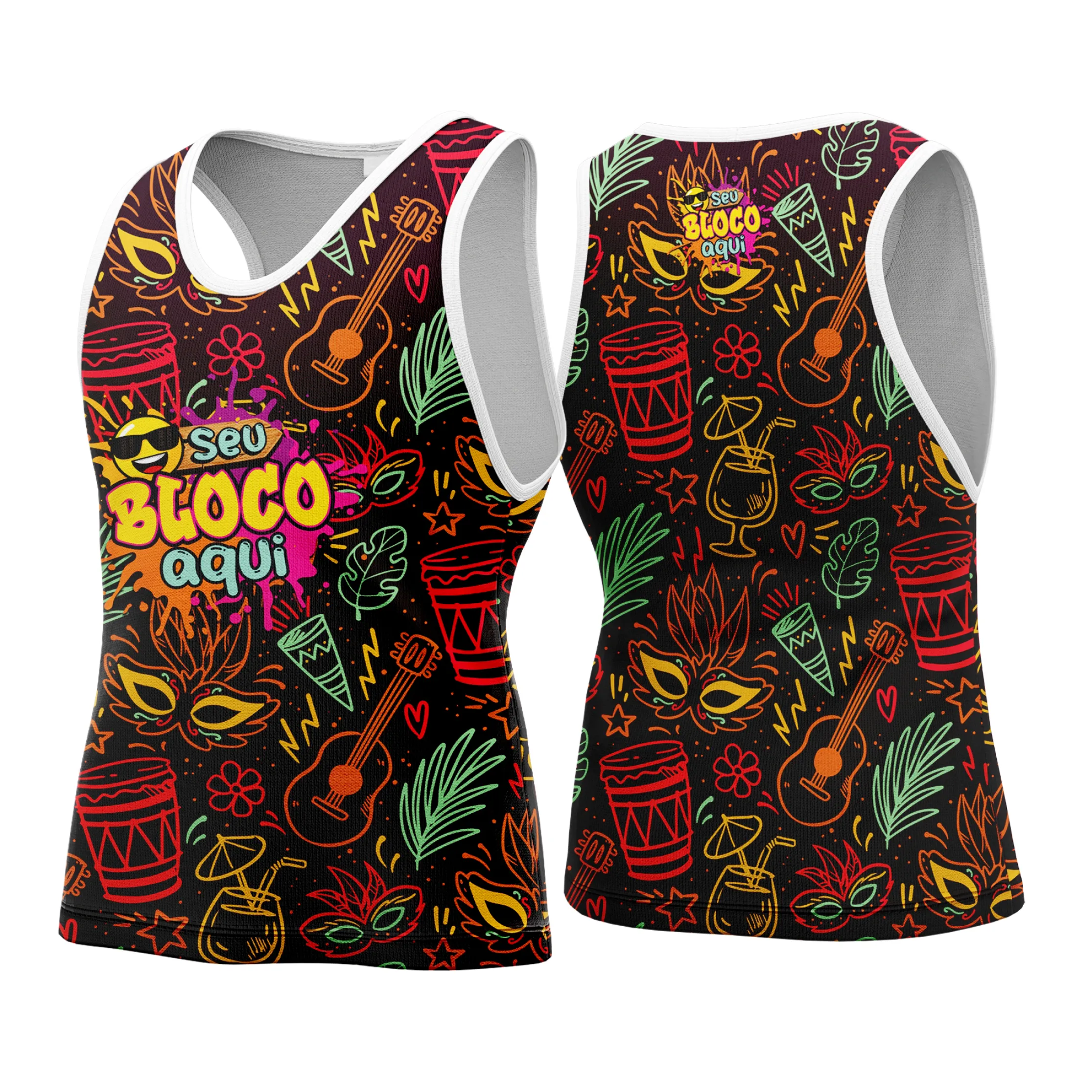 Camiseta unissex com base branca, com logo no peito e estampa grande nas costas, tema Camisa Abadá Carnaval Personalizada 2026, perfeita para festas e eventos carnavalescos.