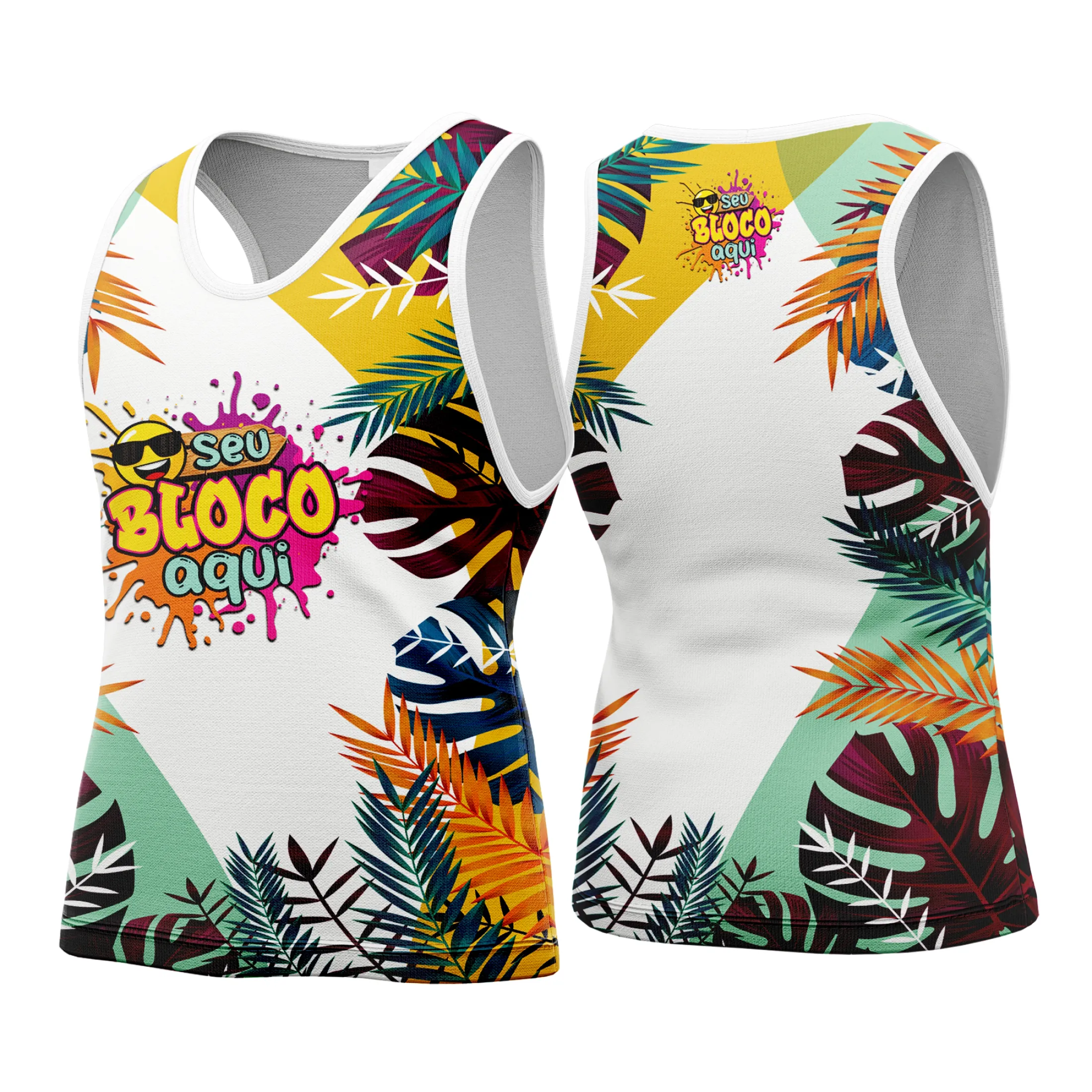 Camiseta unissex branca com logo no peito e estampa grande nas costas com tema Camisa Abadá Carnaval Personalizada 2026, ideal para festas e eventos carnavalescos.