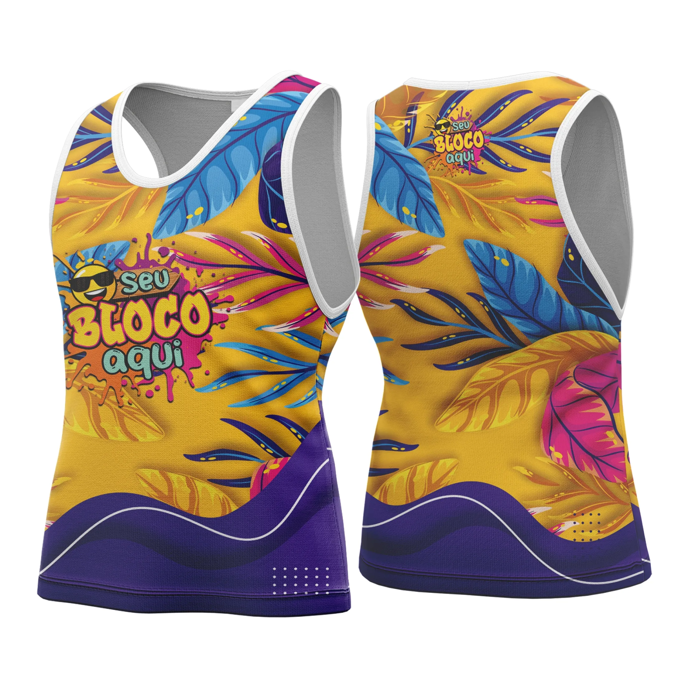 Camiseta unissex branca com logo no peito e estampa grande nas costas, com o tema Camisa Abadá Carnaval Personalizada 2026, ideal para festas e blocos carnavalescos vibrantes.