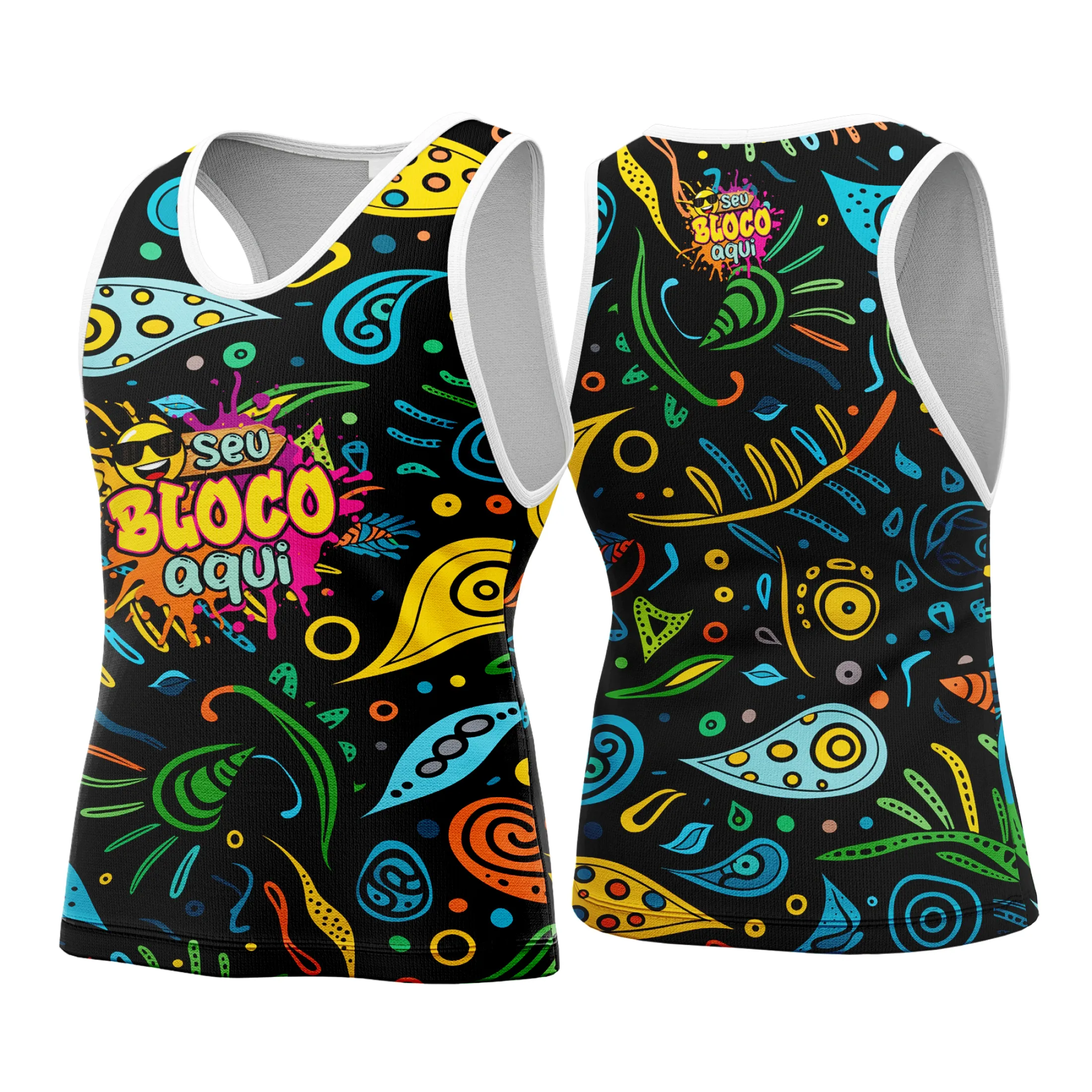 Camiseta unissex branca com logo no peito e estampa grande nas costas, tema Abadá Carnaval Personalizada 2026, perfeita para curtir a festa com estilo e conforto.