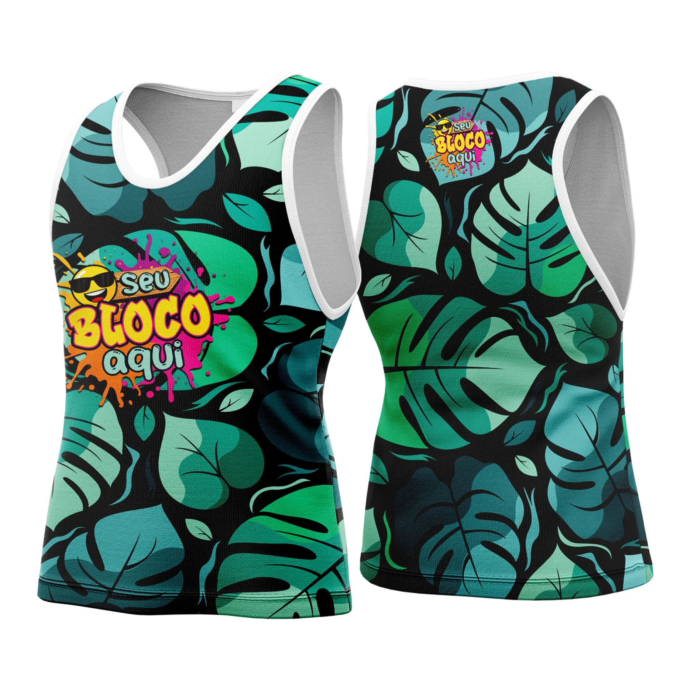 Camiseta unissex branca com logo no peito e estampa grande nas costas celebrando o Carnaval 2026 com design vibrante e personalizado.