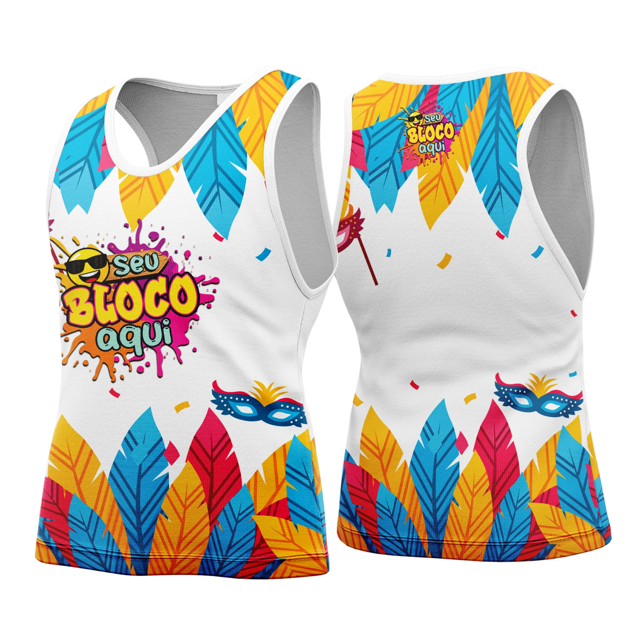 Camiseta unissex branca com logo no peito e estampa grande nas costas, tema Camisa Abadá Carnaval Personalizada 2026, ideal para folia e blocos de rua.