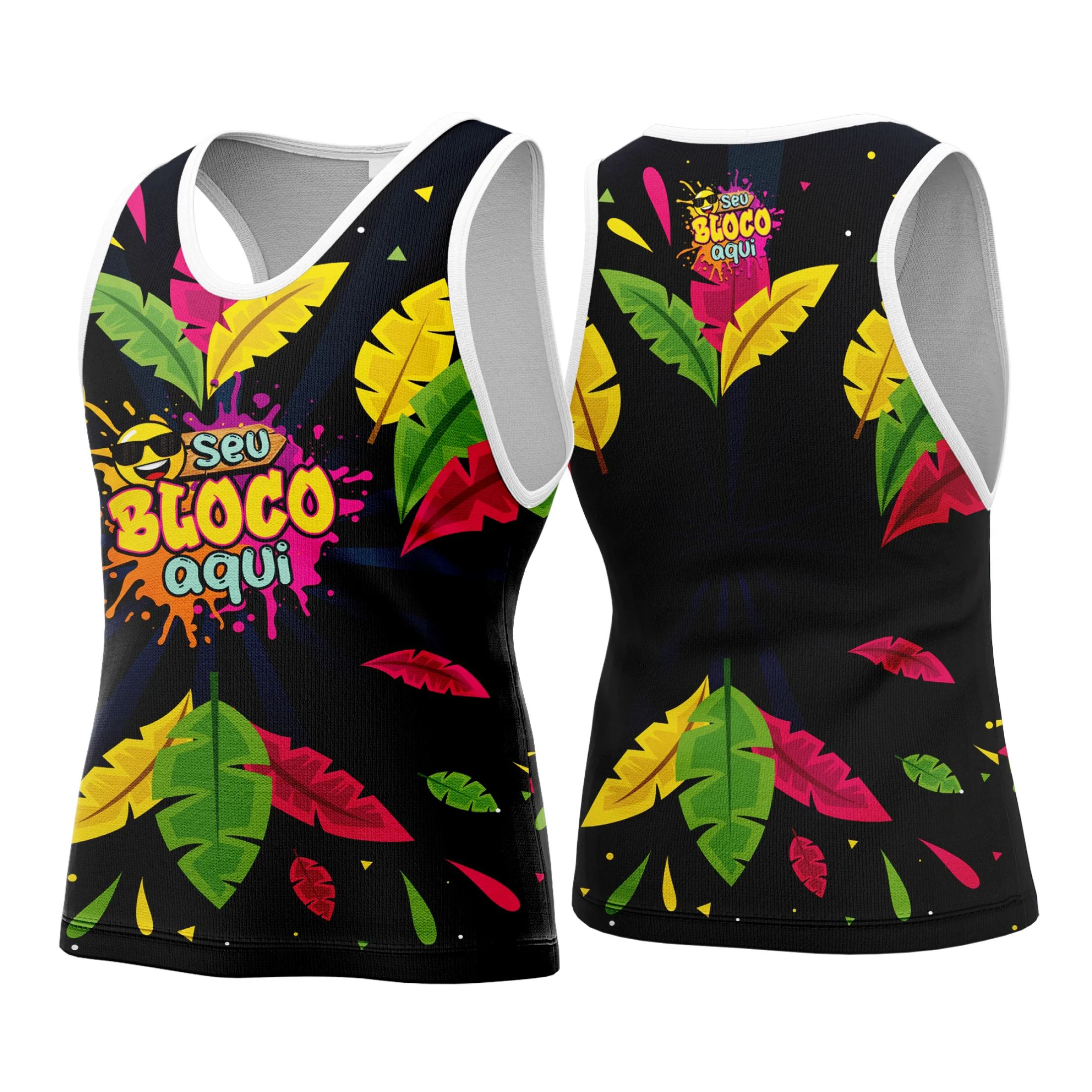 Foto de camiseta unissex branca com logo no peito e estampa grande nas costas celebrando o Carnaval 2026 com design personalizado vibrante e alegre.