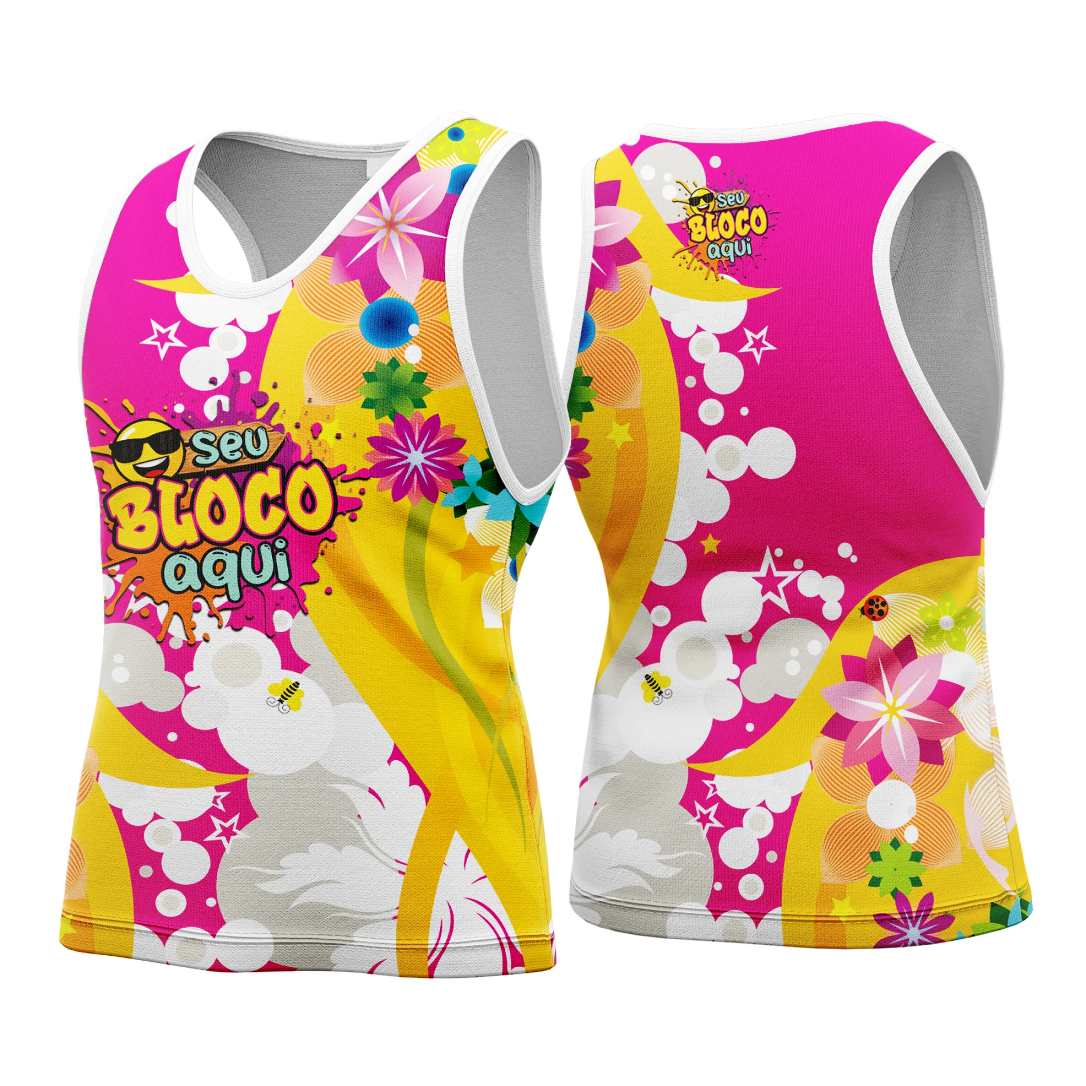 Camiseta unissex branca com logo no peito e estampa grande nas costas, celebrando o Carnaval 2026 com design alegre e vibrante, ideal para festa e folia.