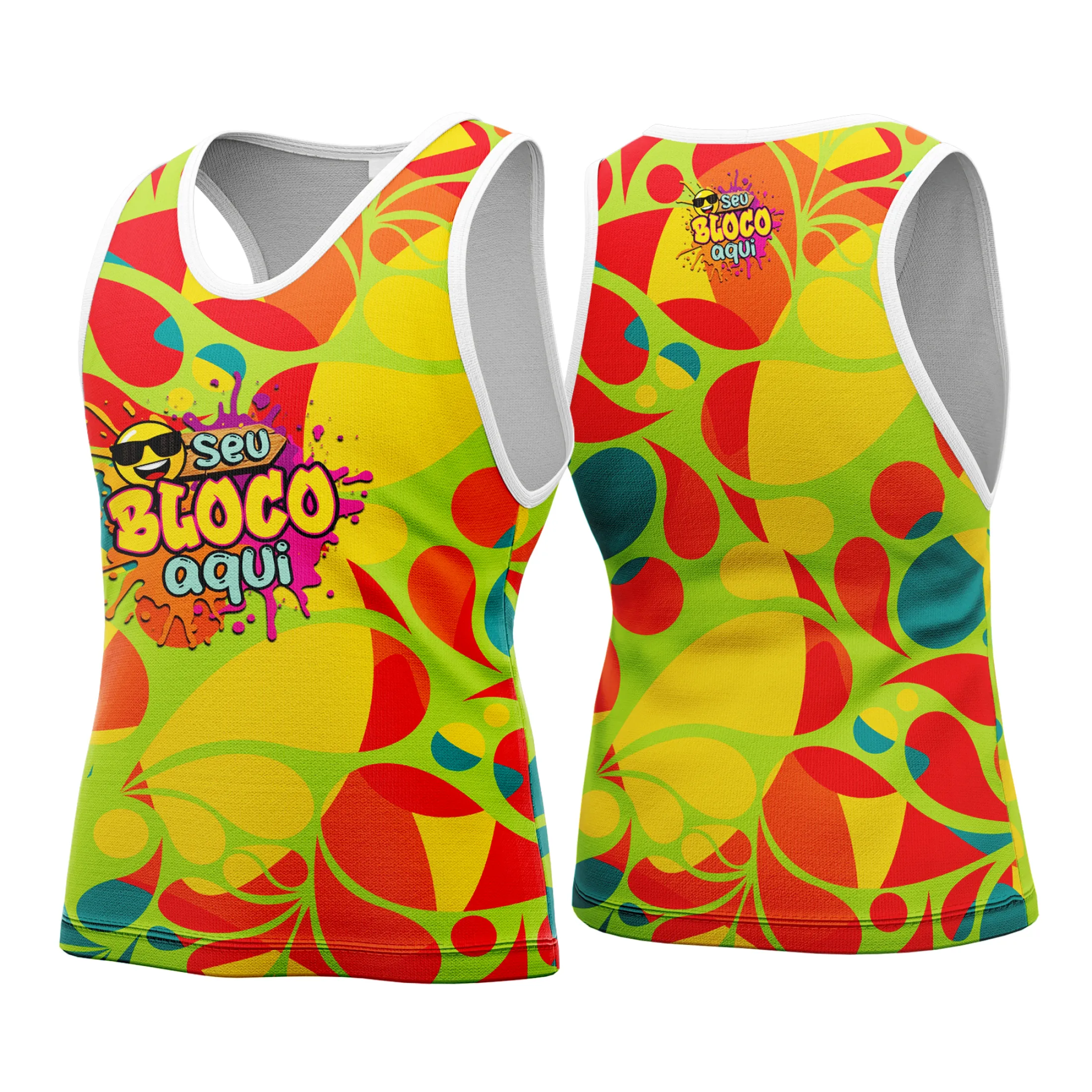 Camiseta unissex branca com logo no peito e estampa grande nas costas inspiradas no Abadá Carnaval Personalizada 2026, destacando cores vibrantes e estilo festivo para o Carnaval.