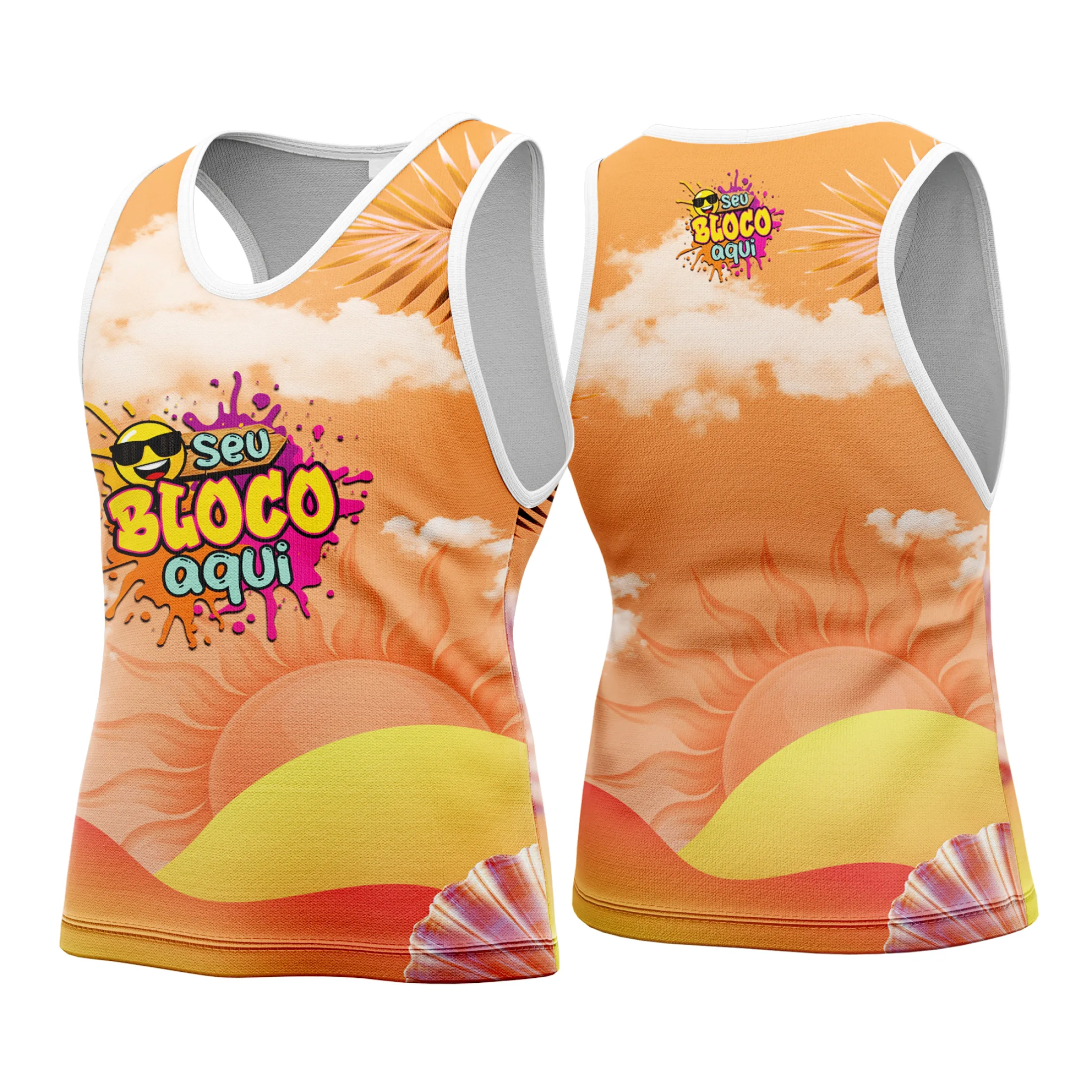 Camiseta unissex branca com logo no peito e estampa grande nas costas tema Camisa Abadá Carnaval Personalizada 2026, visual vibrante e alegre perfeita para o carnaval.