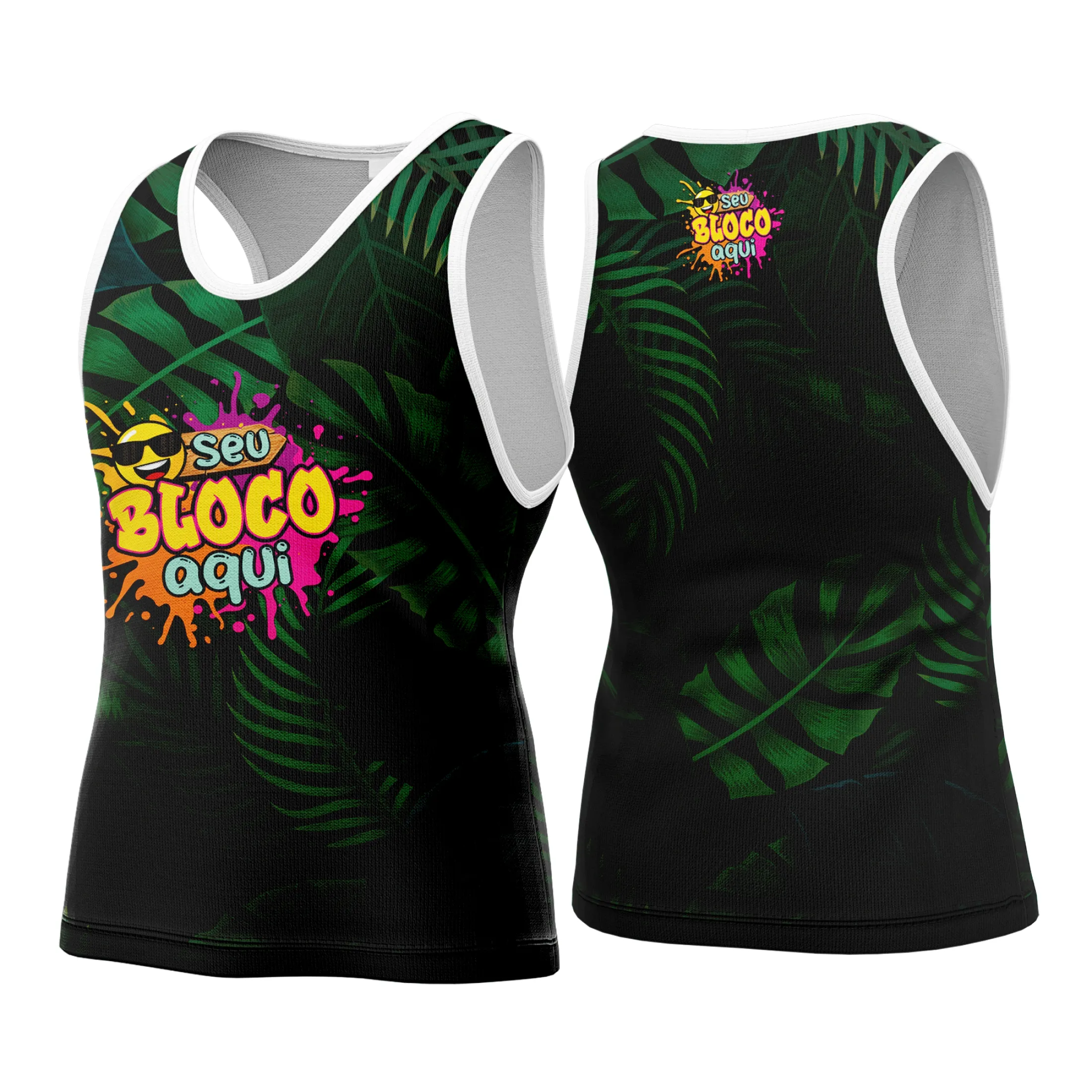 Camiseta unissex branca com logo no peito e estampa grande nas costas tema Camisa Abadá Carnaval Personalizada 2026, ideal para a folia com design vibrante e moderno.