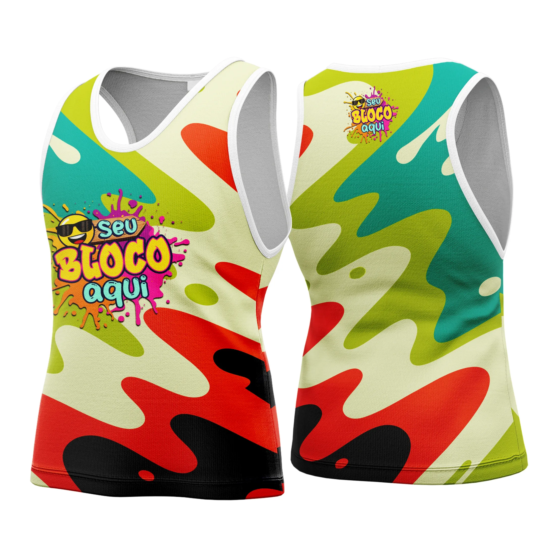 Camiseta unissex branca com logo no peito e estampa grande nas costas inspirada no Carnaval 2026, estilo abadá vibrante e moderno, perfeita para celebrações festivas.