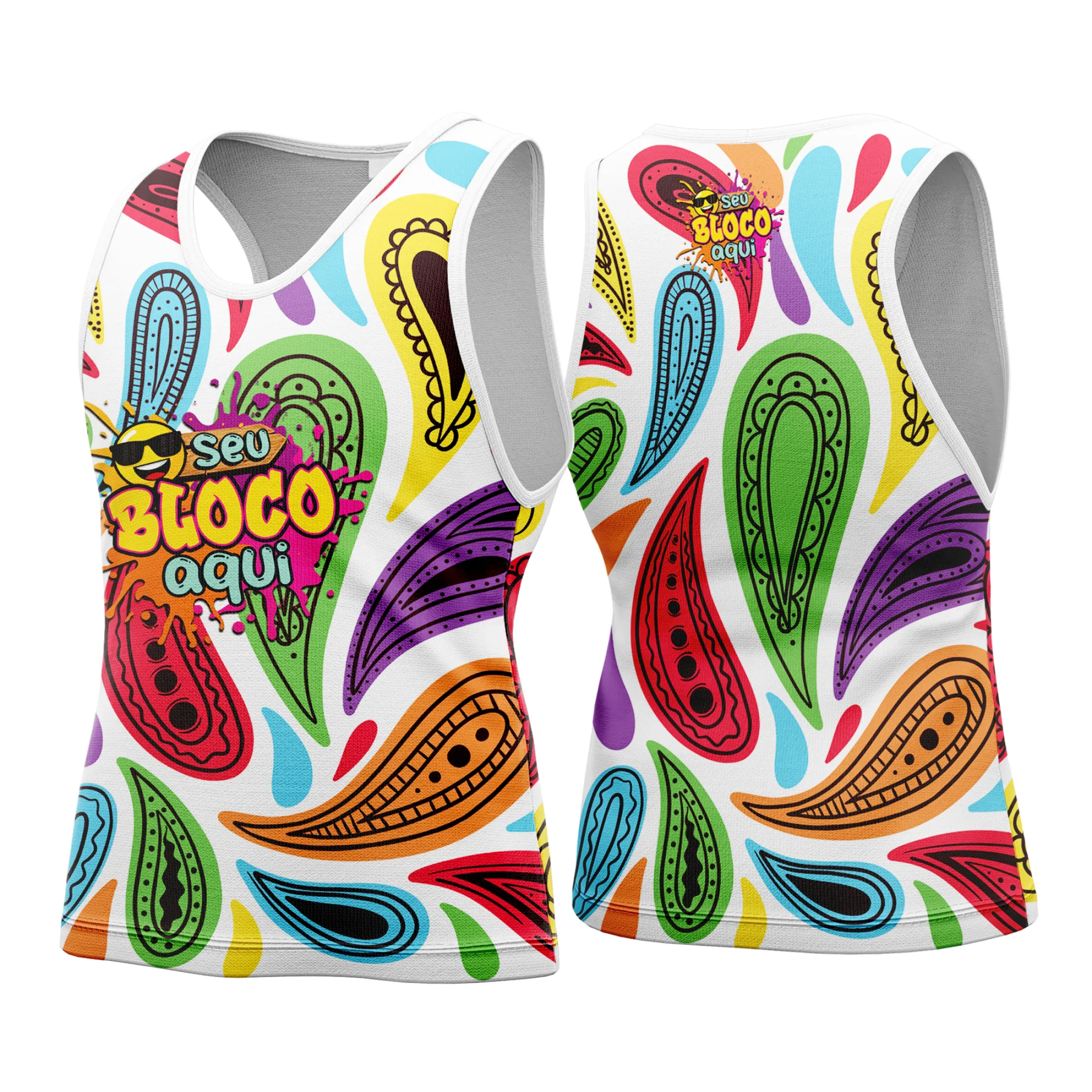 Camiseta unissex branca com logo no peito e estampa grande nas costas do Camisa Abadá Carnaval Personalizada 2026, ideal para festas e blocos de carnaval animados.