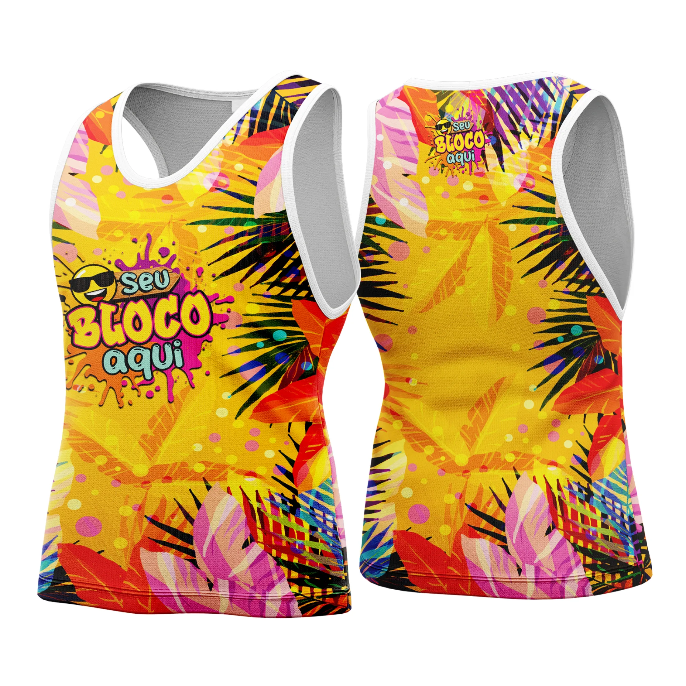 Camiseta unissex branca com logo no peito e estampa grande nas costas do tema Camisa Abadá Carnaval Personalizada 2026, estilo vibrante e colorido perfeito para festa e folia.