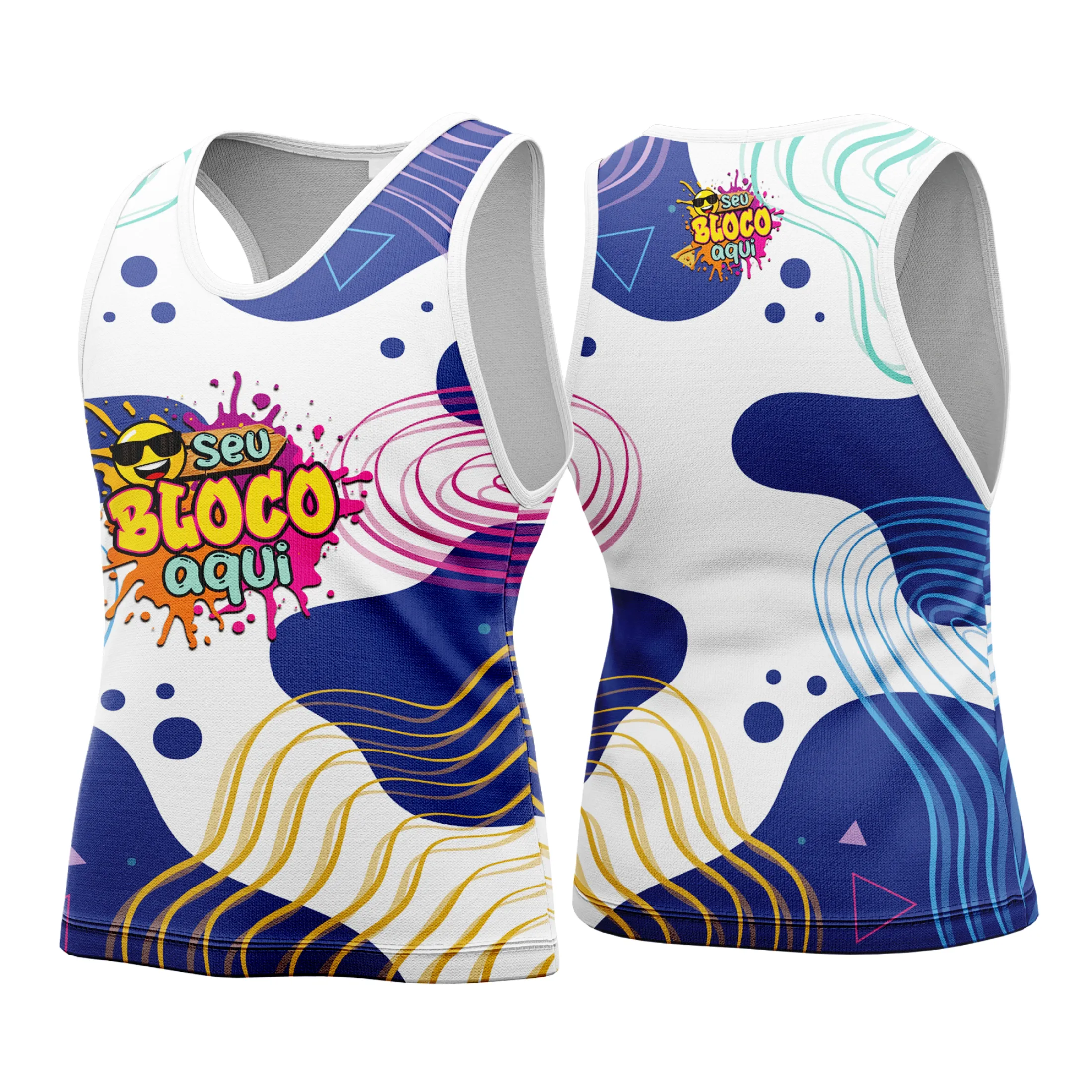 Camiseta unissex branca com logo no peito e estampa grande nas costas, temática Camisa Abadá Carnaval Personalizado 2026, perfeita para festas e eventos coloridos.