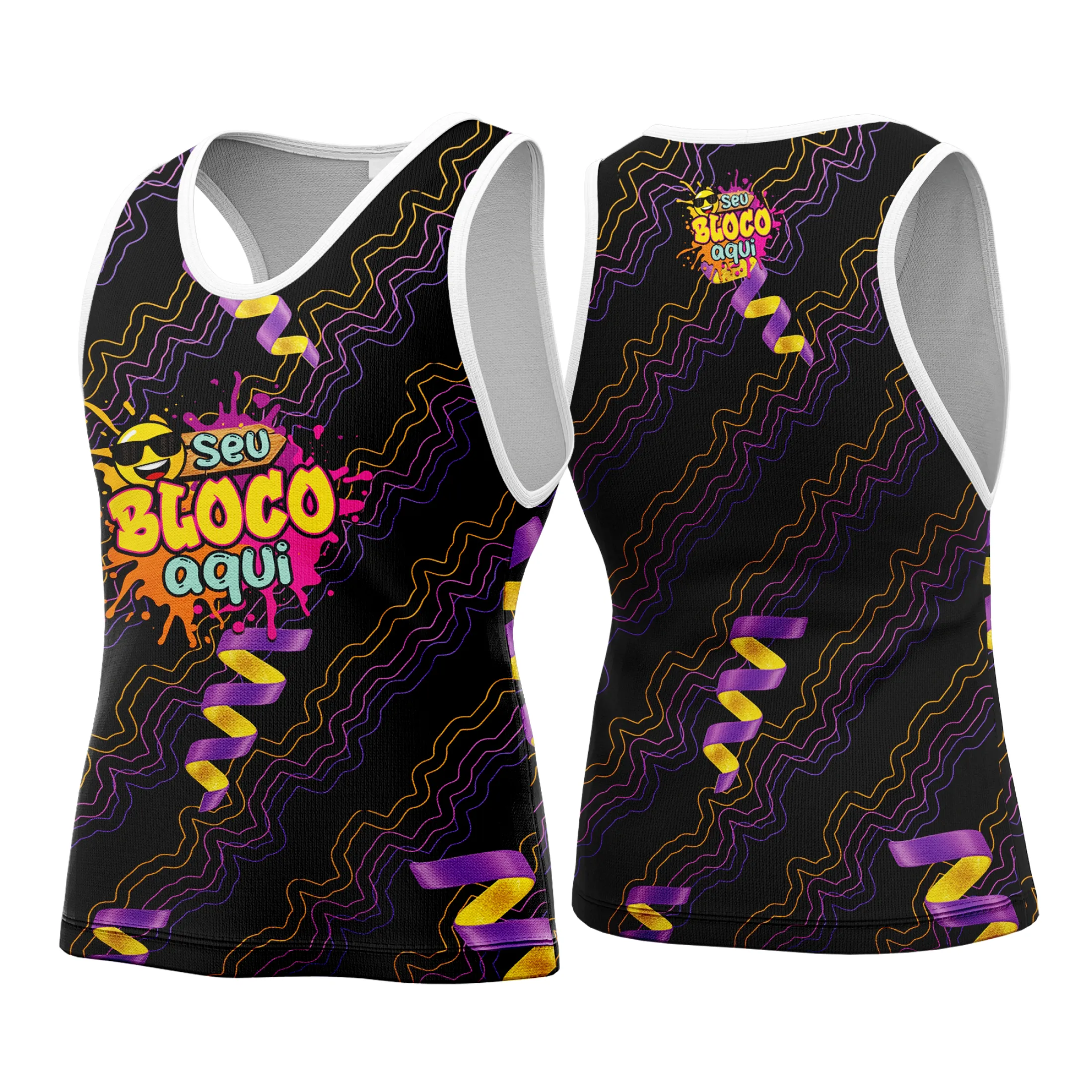 Camiseta unissex branca com logo no peito e estampa grande nas costas com tema Camisa Abadá Carnaval Personalizado 2026, visual moderno e vibrante para festas.