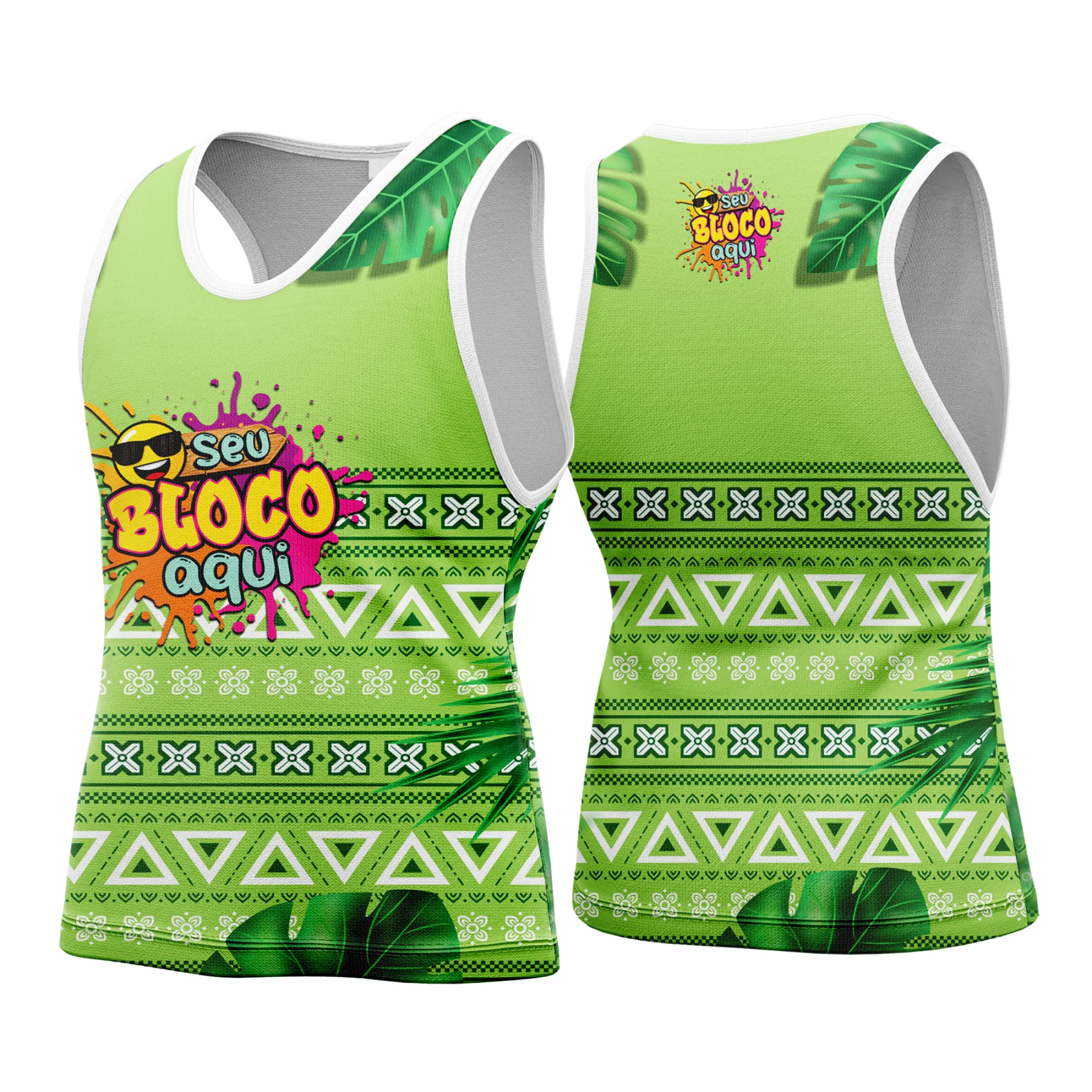 Camiseta unissex com base branca, logo no peito e estampa grande nas costas comemorando o Camisa Abadá Carnaval Personalizado 2026, perfeita para celebrações e festas.