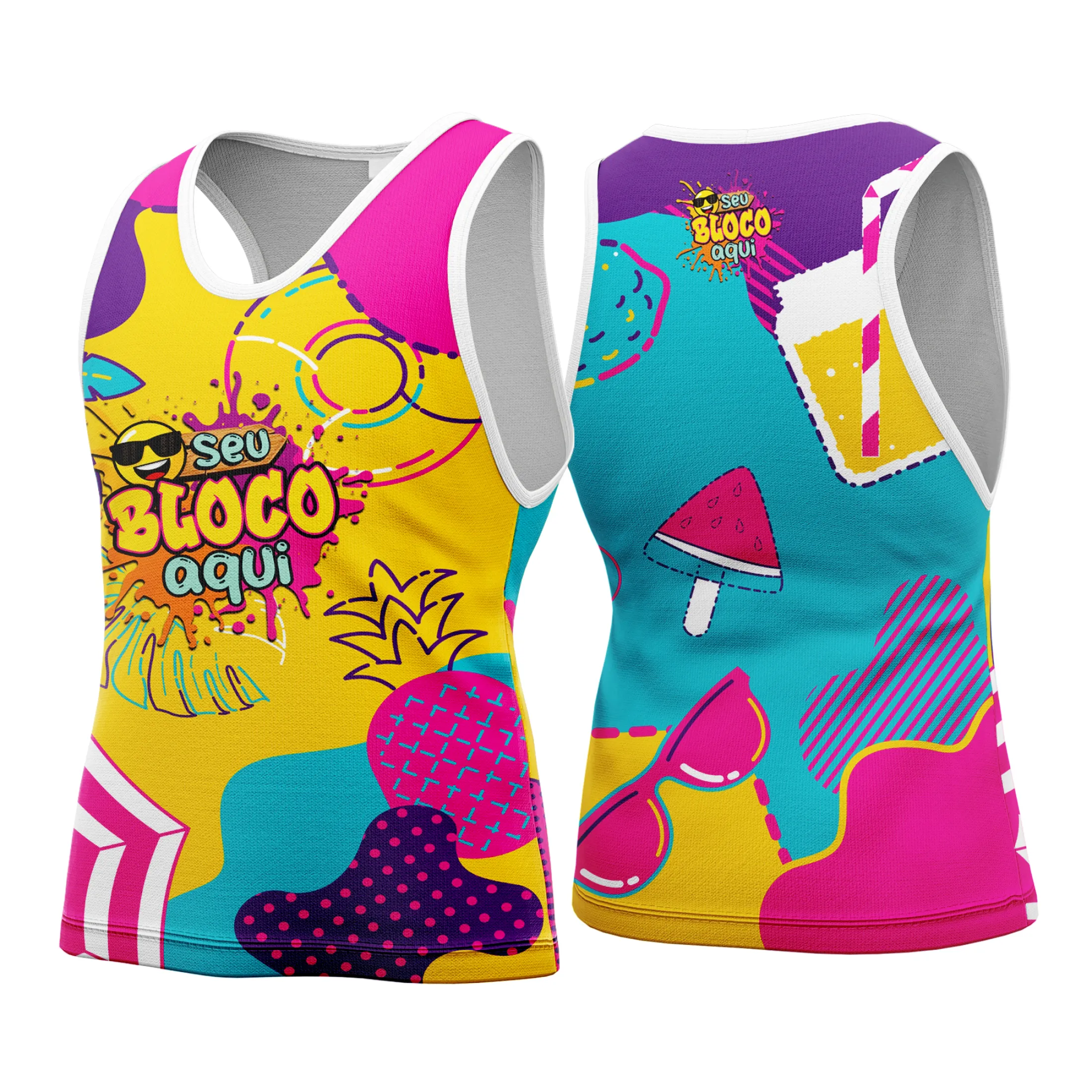 Camiseta unissex branca com logo no peito e estampa grande nas costas destacando o tema Camisa Abadá Carnaval Personalizado 2026, ideal para festas e eventos carnavalescos.