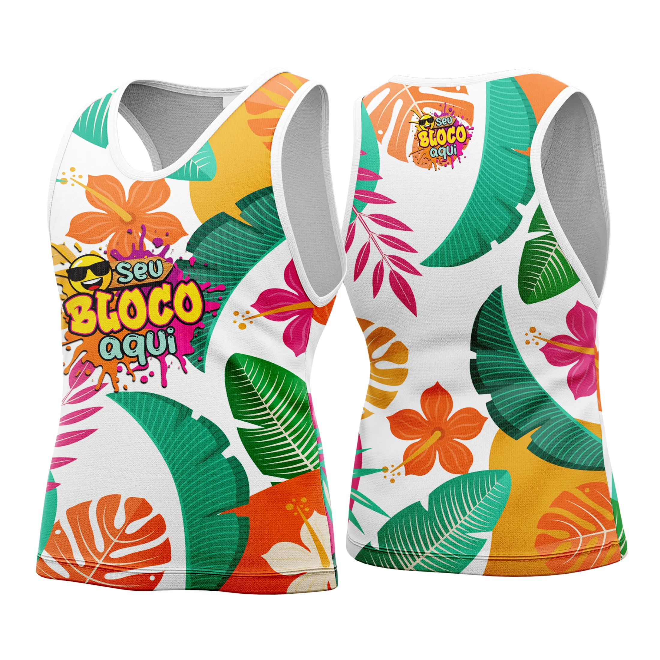 Camiseta unissex branca com logo no peito e estampa grande nas costas, tema Camisa Abadá Carnaval Personalizado 2026, ideal para festas e blocos de carnaval.