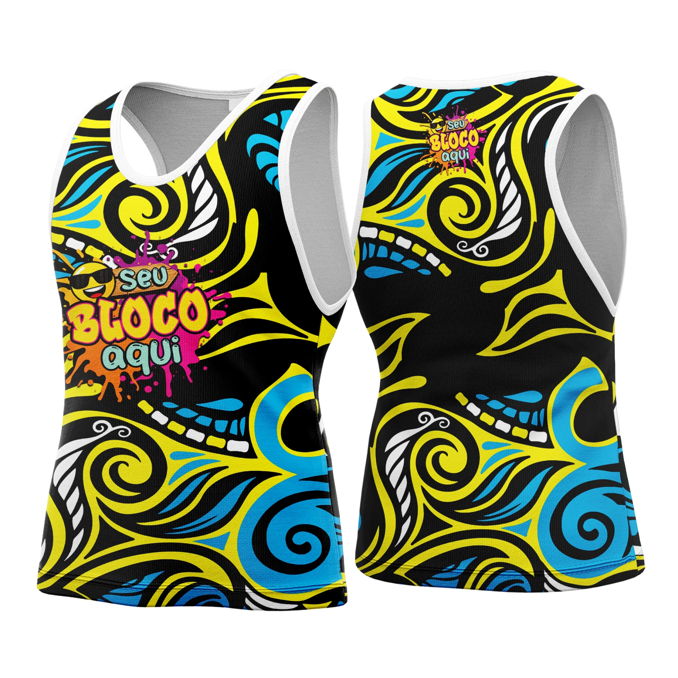 Camiseta unissex branca com logo no peito e estampa grande nas costas, tema Camisa Abadá Carnaval Personalizado 2026, design vibrante, ideal para festa e folia.