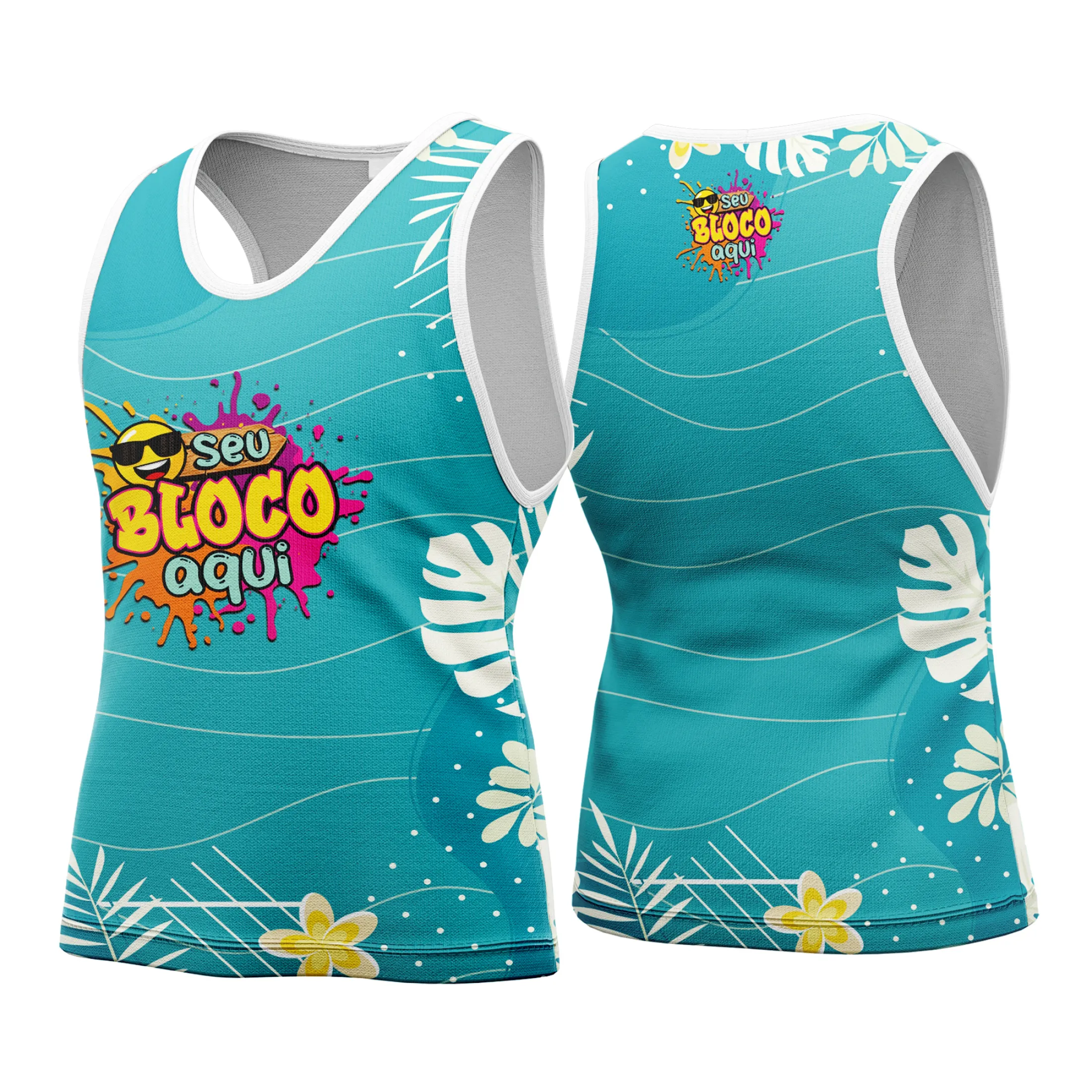 Camiseta unissex branca com logo no peito e estampa grande nas costas com tema Abadá Carnaval Personalizado 2026, ideal para festas e eventos carnavalescos.