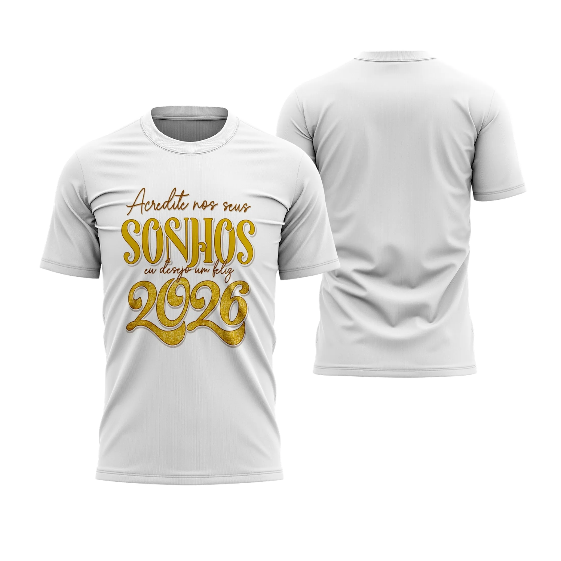 Camiseta unissex branca com logo no peito e estampa grande nas costas com tema Ano Novo 2026, transmitindo estilo e energia para o Reveillon 2026.