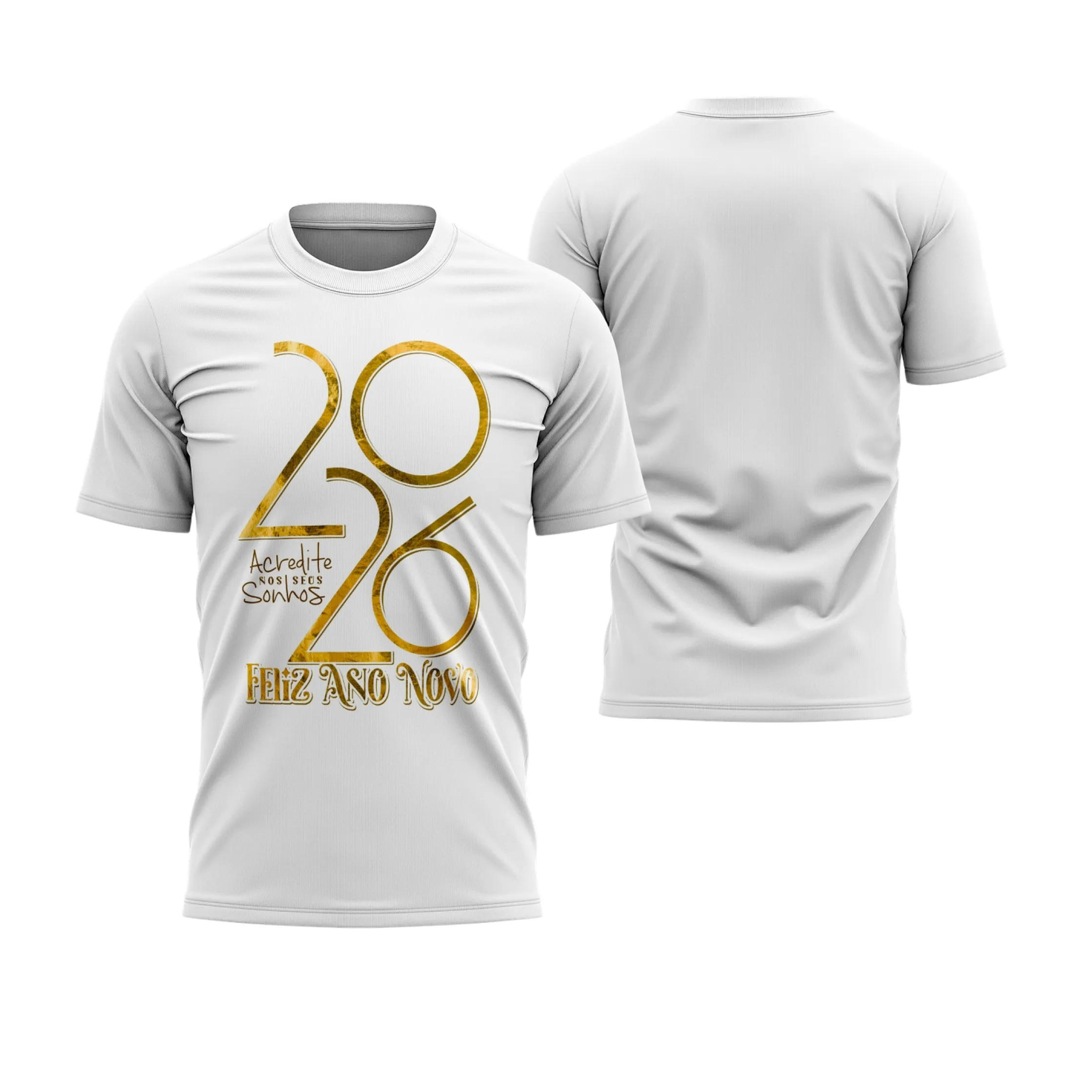Camiseta unissex branca com logo no peito e estampa grande nas costas com tema de Ano Novo 2026 - estilo e energia para o Réveillon 2026, perfeita para celebrar com estilo e vibração
