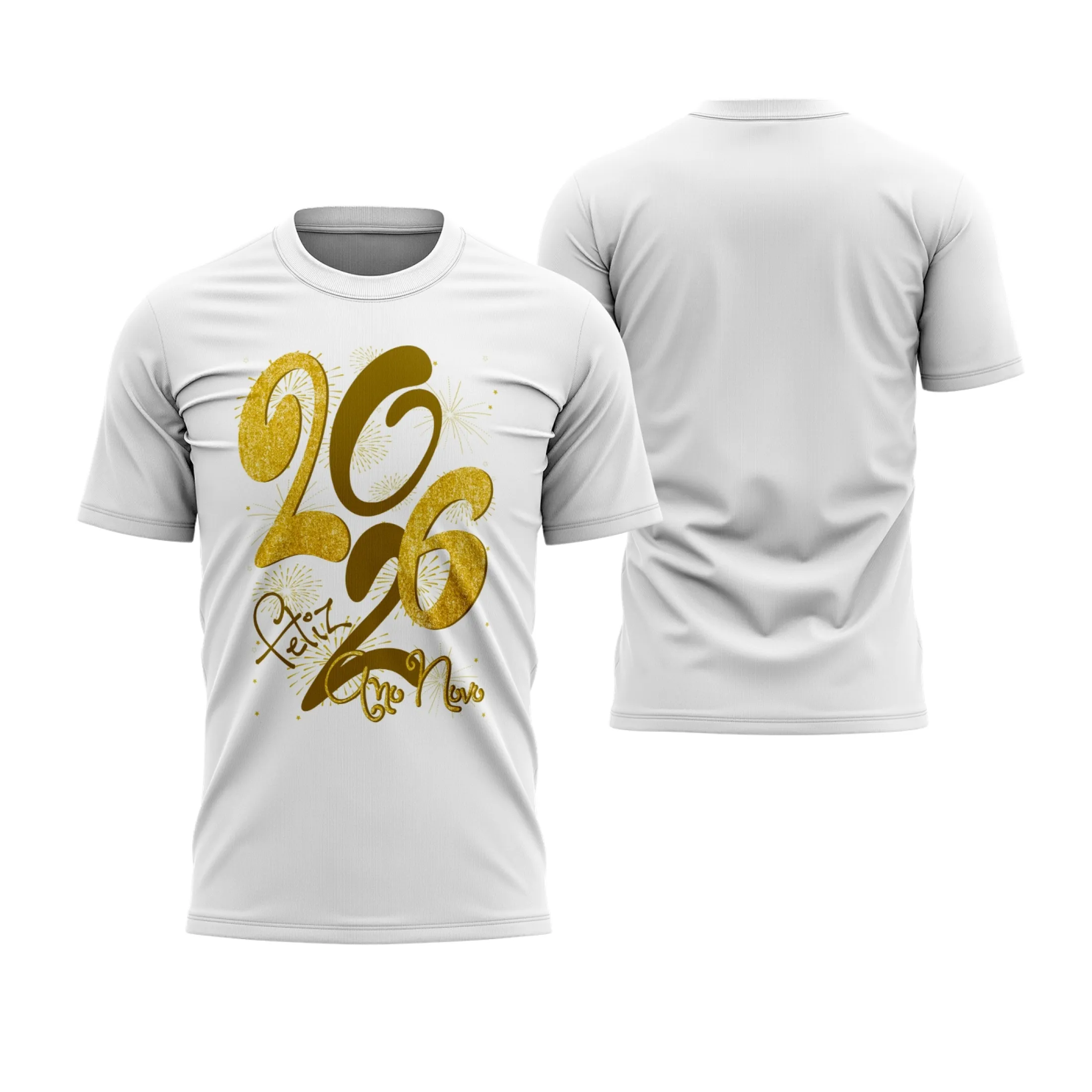 Camiseta unissex branca com logo no peito e estampa grande nas costas com tema de Ano Novo 2026 para Reveillon, transmitindo energia e estilo para a festa de virada do ano.