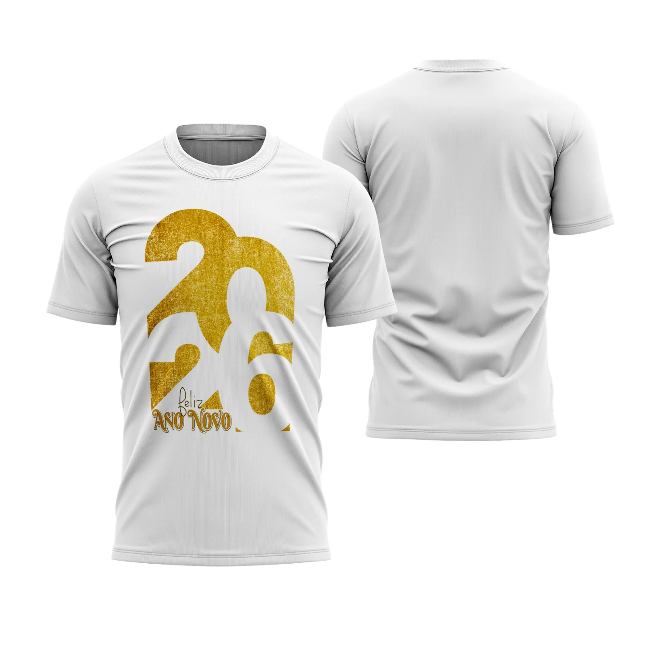 Foto de camiseta unissex branca com logo no peito e estampa grande nas costas com design vibrante de Ano Novo 2026, transmitindo estilo e energia para o Réveillon 2026.