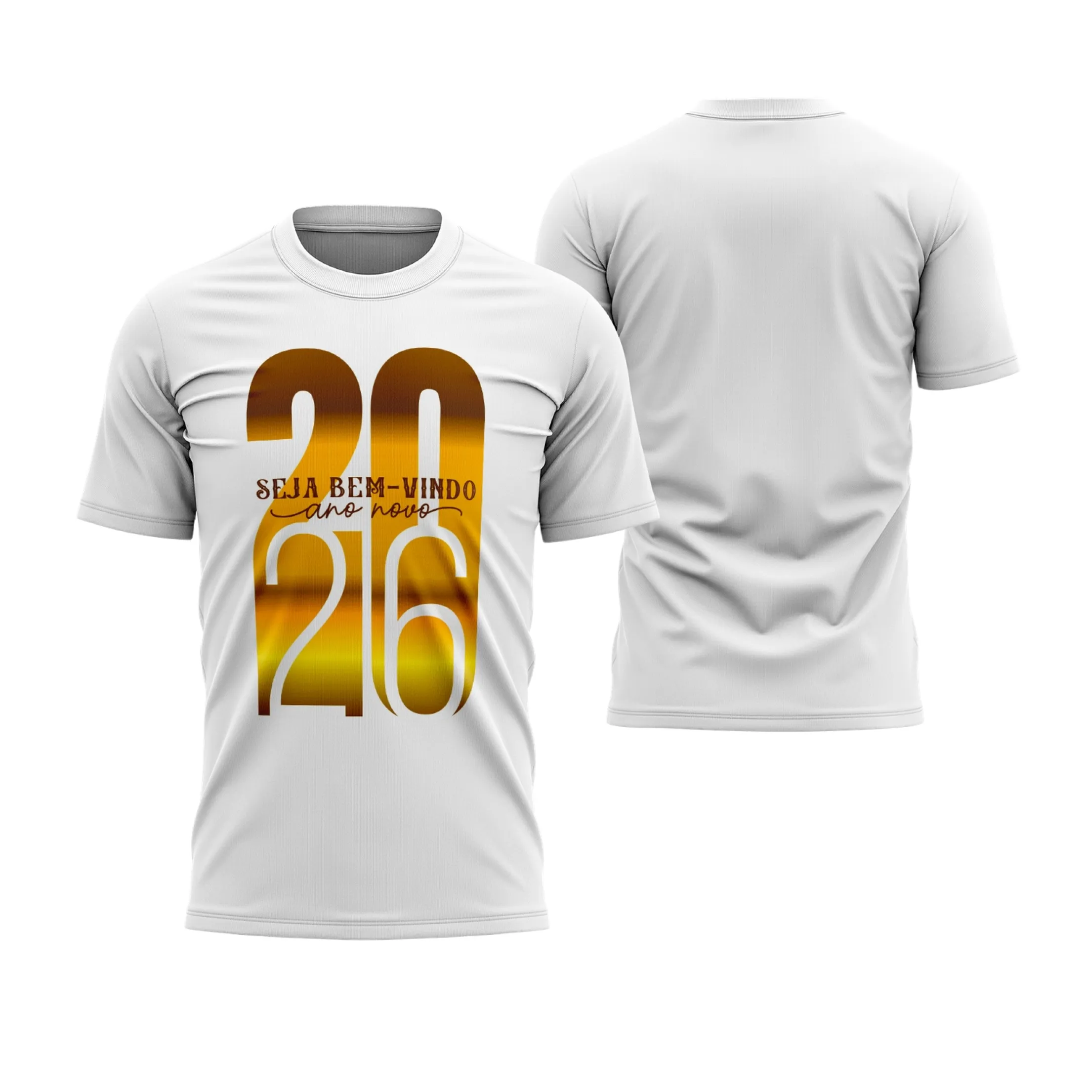 Camiseta unissex branca com logo no peito e estampa grande nas costas inspirada no Ano Novo 2026, trazendo estilo e energia para o Réveillon 2026.
