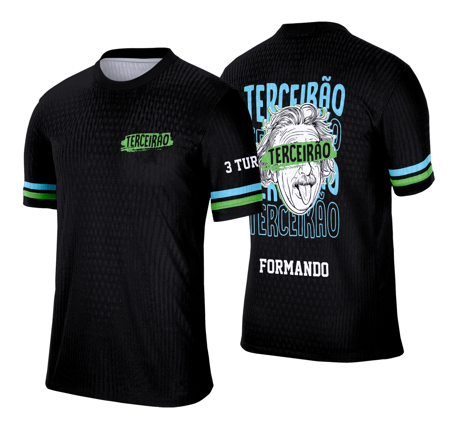 Foto de camisa com logo no peito e estampa grande nas costas, destaque para design exclusivo para concluintes do Terceirão da escola Albert Einstein, combinando estilo e identidade escolar.