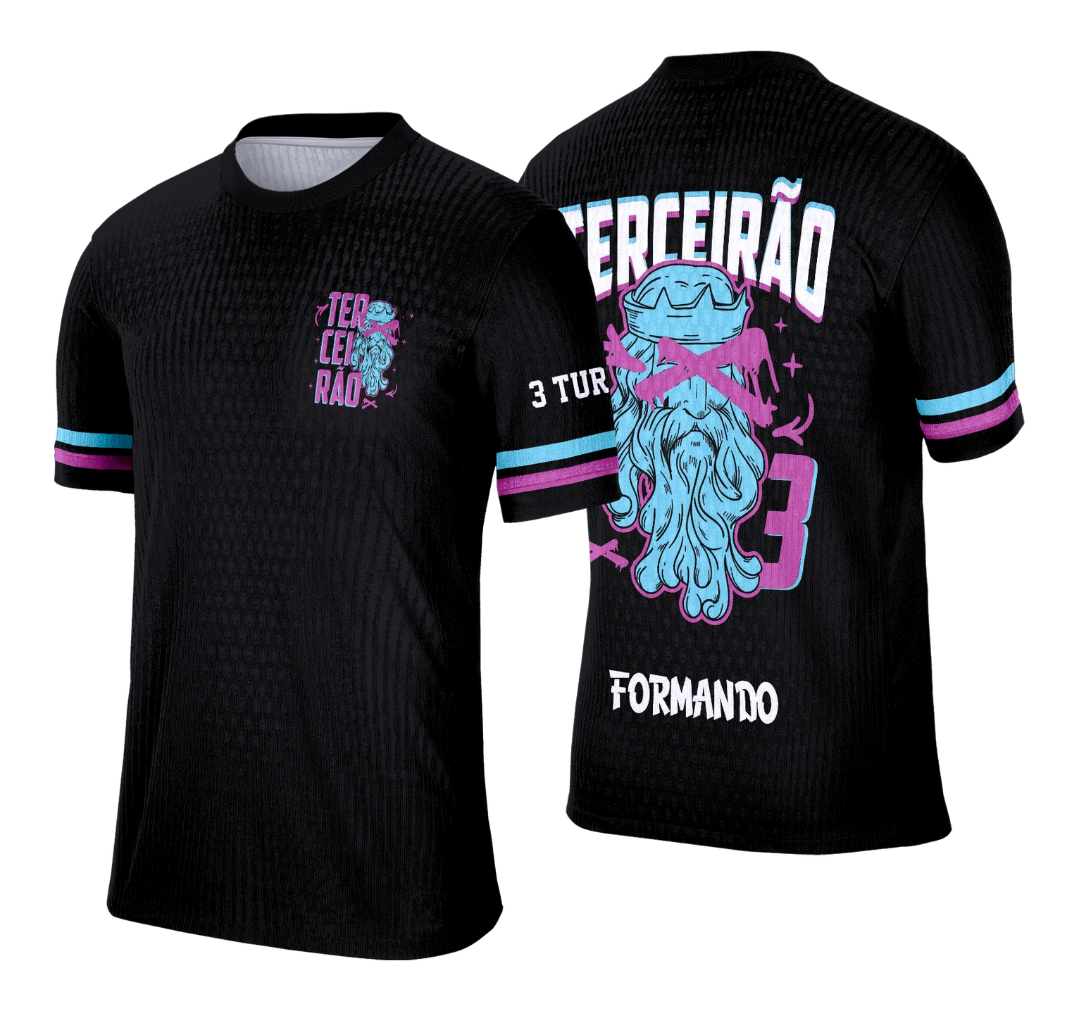 Foto da camisa Concluintes Terceirão com logo no peito e estampa grande nas costas mostrando o busto da estátua de forma estilizada e impactante, ideal para celebrar o momento especial da turma