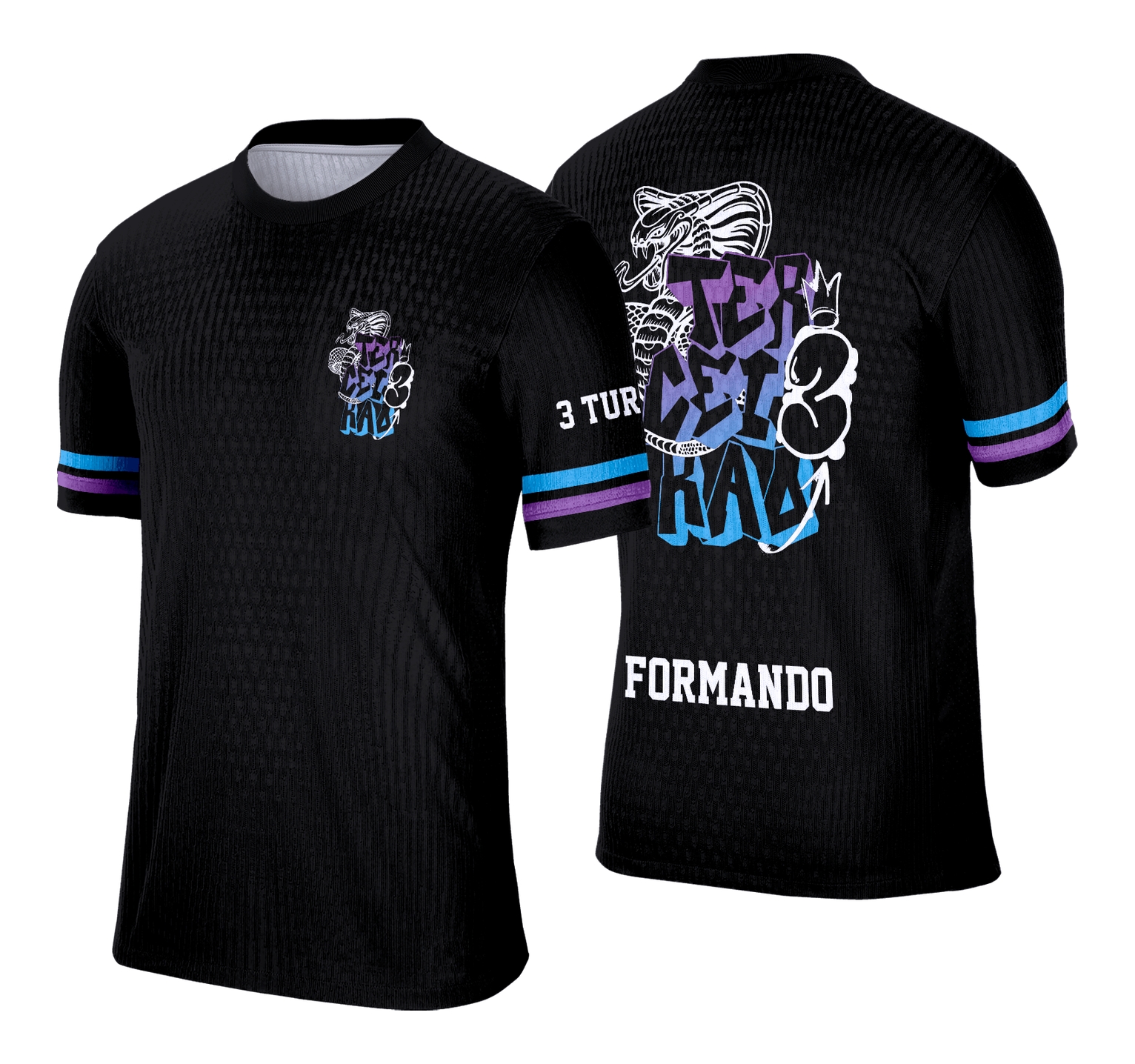 Imagem de camisa com logo no peito e estampa grande nas costas, exibindo o design da Cobra Real em cores vibrantes que simbolizam força e união dos concluintes do terceiro ano.