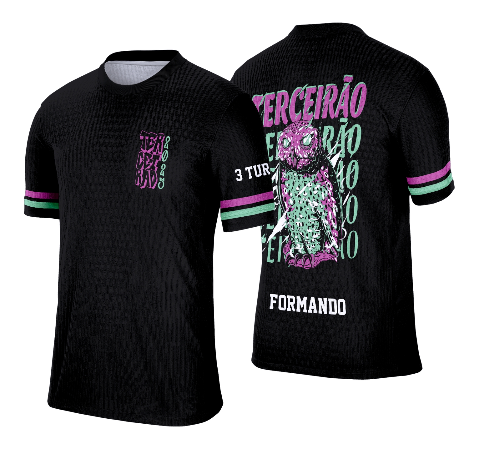 Foto da camisa final com logo no peito e estampa grande nas costas mostrando uma coruja estilizada representando o Terceirão, design moderno e atraente.
