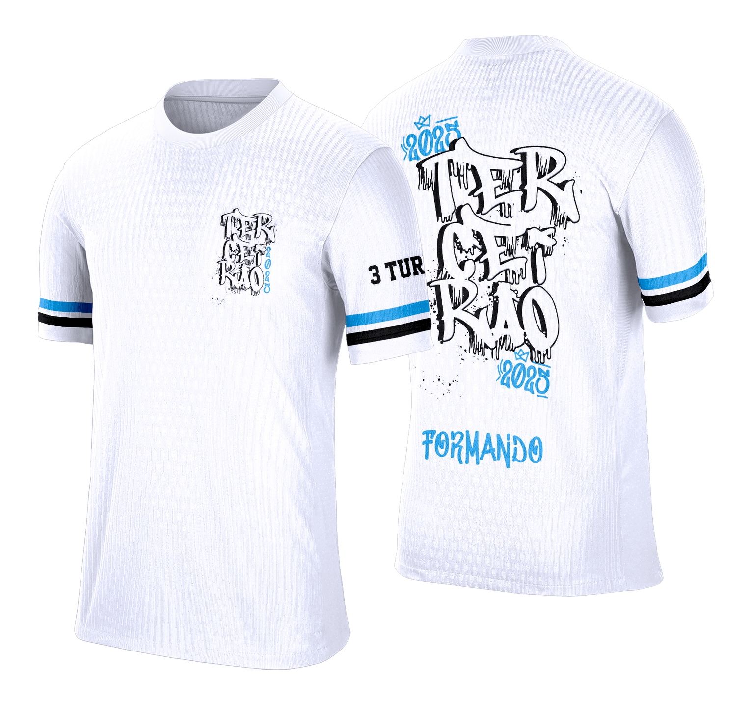 Foto da camisa com logo no peito e estampa grande nas costas mostrando design em estilo derretido para concluintes do Terceirão, ideal para celebrações escolares marcantes e cheias de atitude.