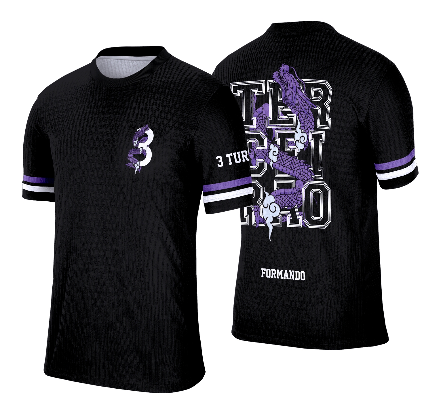 Foto de camisa finalista do Terceirão com logo no peito e estampa grande nas costas em tom roxo com desenho de dragão estilizado, perfeito para marcar momentos inesquecíveis da turma.