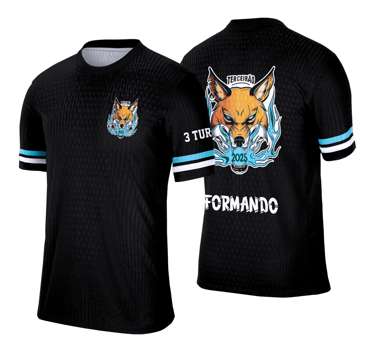 Foto de camisa personalizada com logo no peito e estampa grande nas costas, destacando o tema Terceirão com o Lobo como personagem central, ideal para celebrar essa fase marcante da vida escolar.