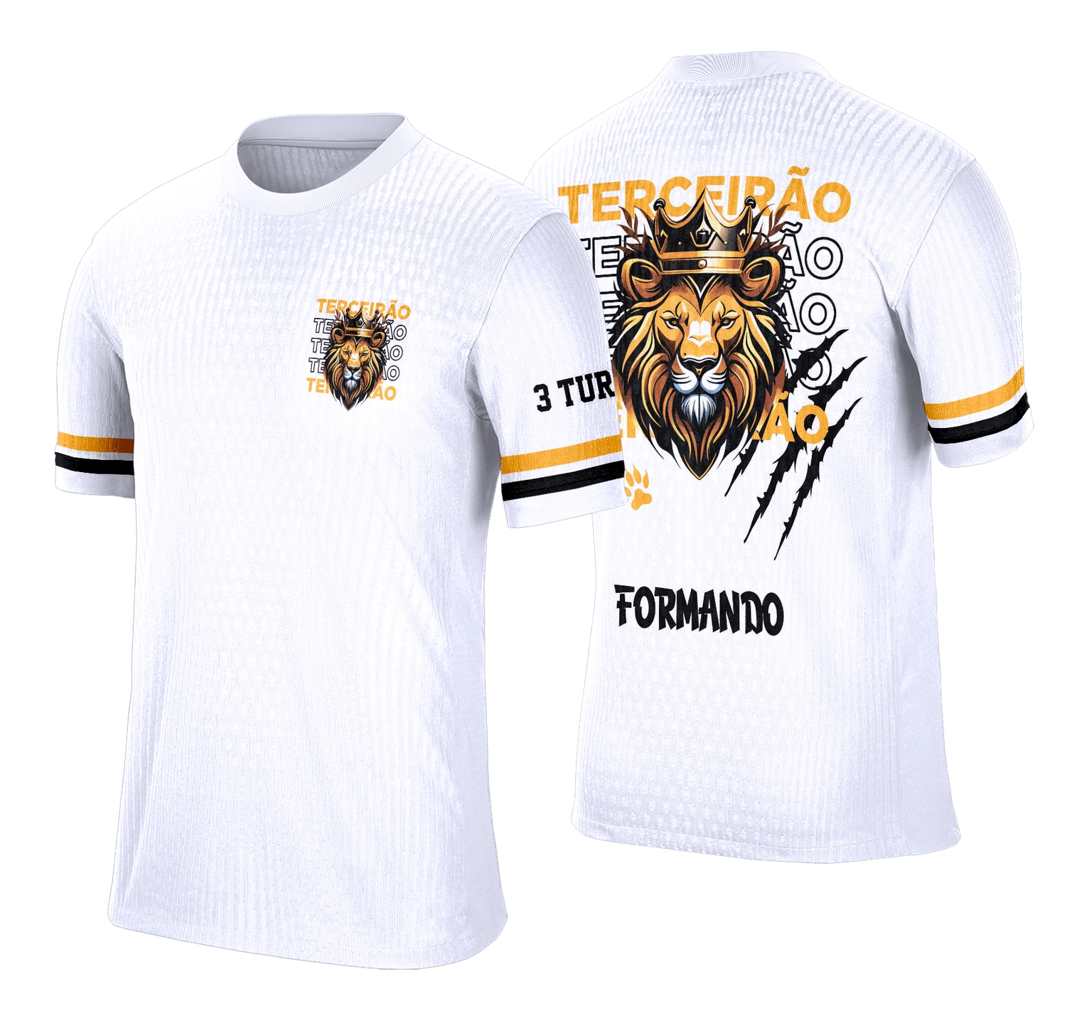 Foto da camisa oficial do Terceirão com logo no peito e uma estampa grande nas costas que combina o leão e a coroa em cores vibrantes, transmitindo força e conquista para os concluintes.
