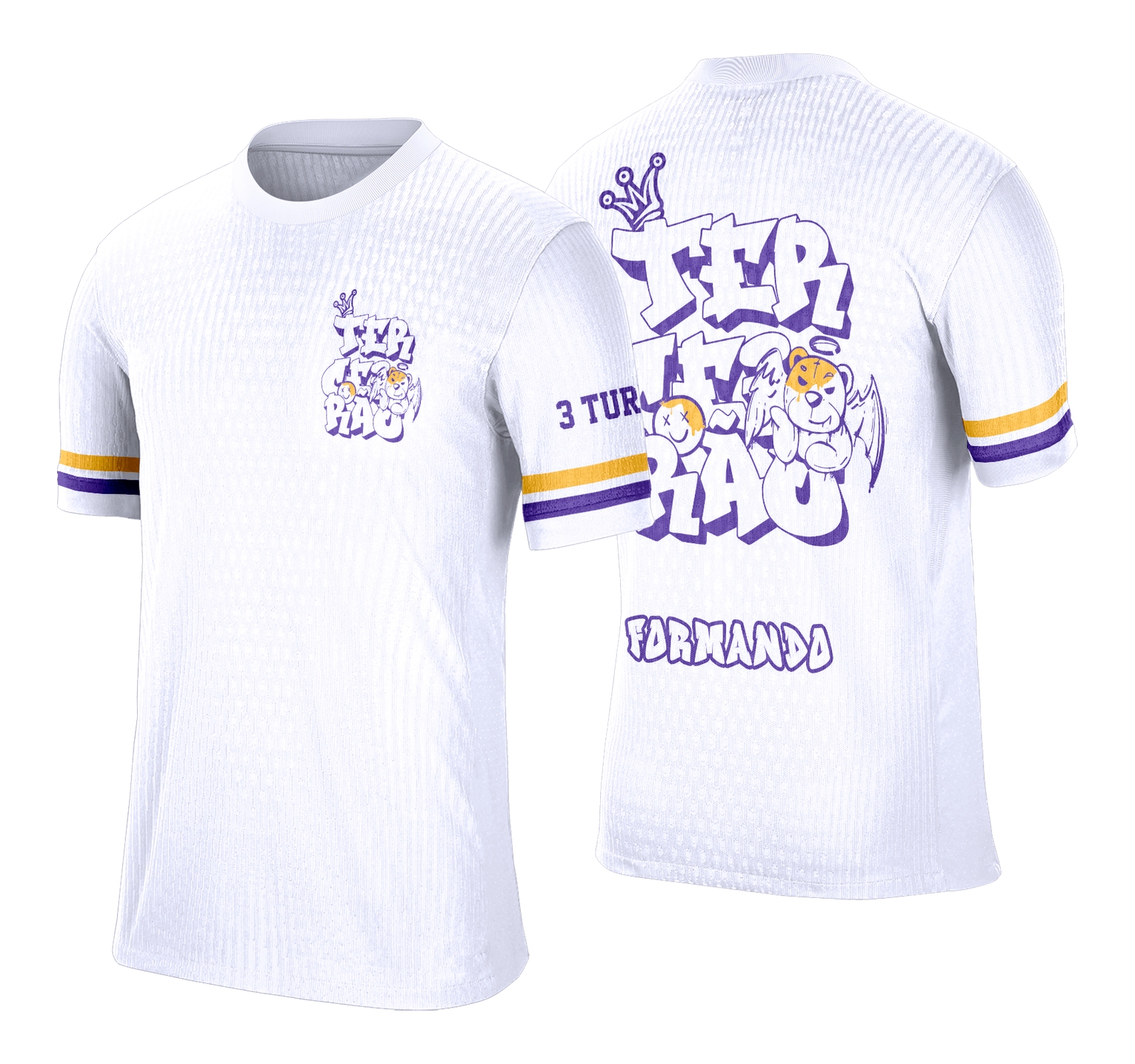 Camisa com estampa exclusiva apresentando um logo no peito e uma estampa grande nas costas com desenho de urso com asas, ideal para marcar o Terceirão com estilo e personalidade.