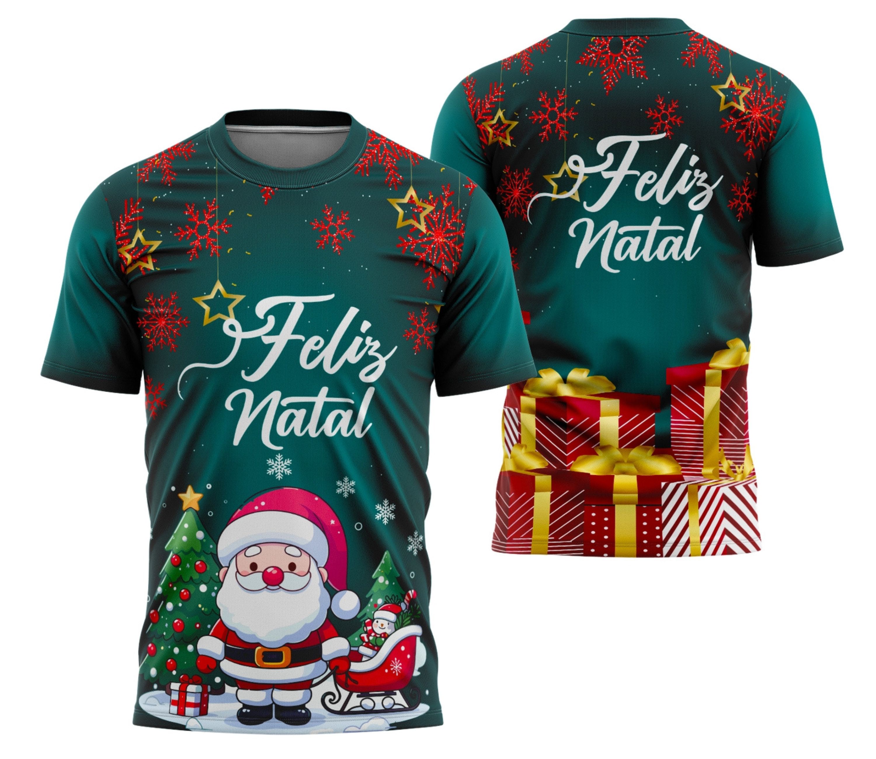 Camiseta unissex branca com logo no peito e estampa grande nas costas de Feliz Natal 2025, ideal para celebrar a temporada festiva com estilo e conforto.