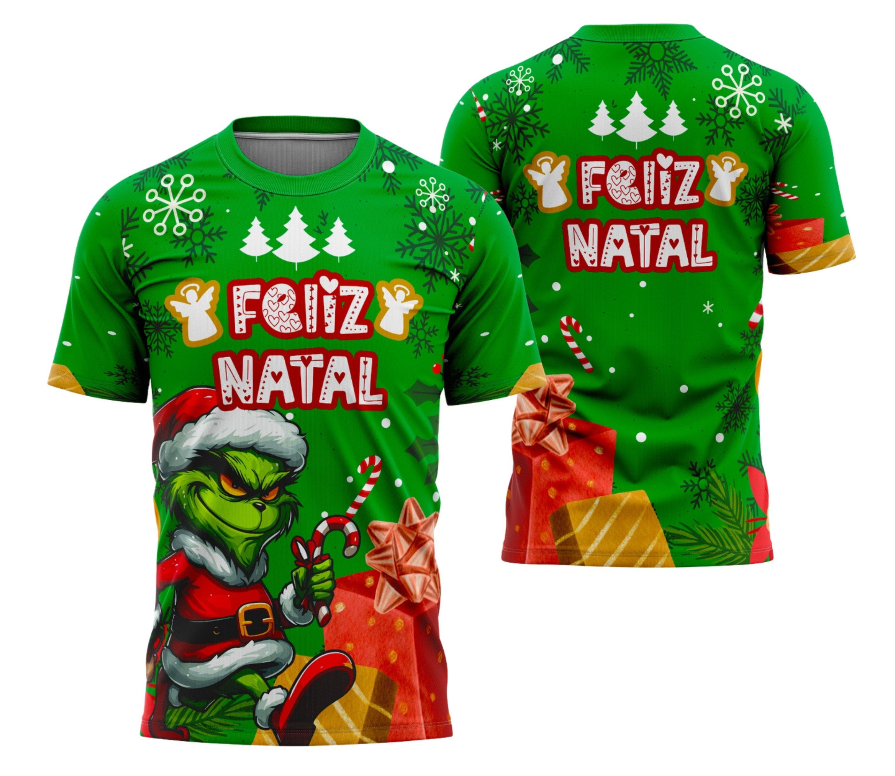 Camiseta unissex branca com logo no peito e estampa grande nas costas inspirada no Feliz Natal 2025, ideal para celebrar com estilo e conforto.