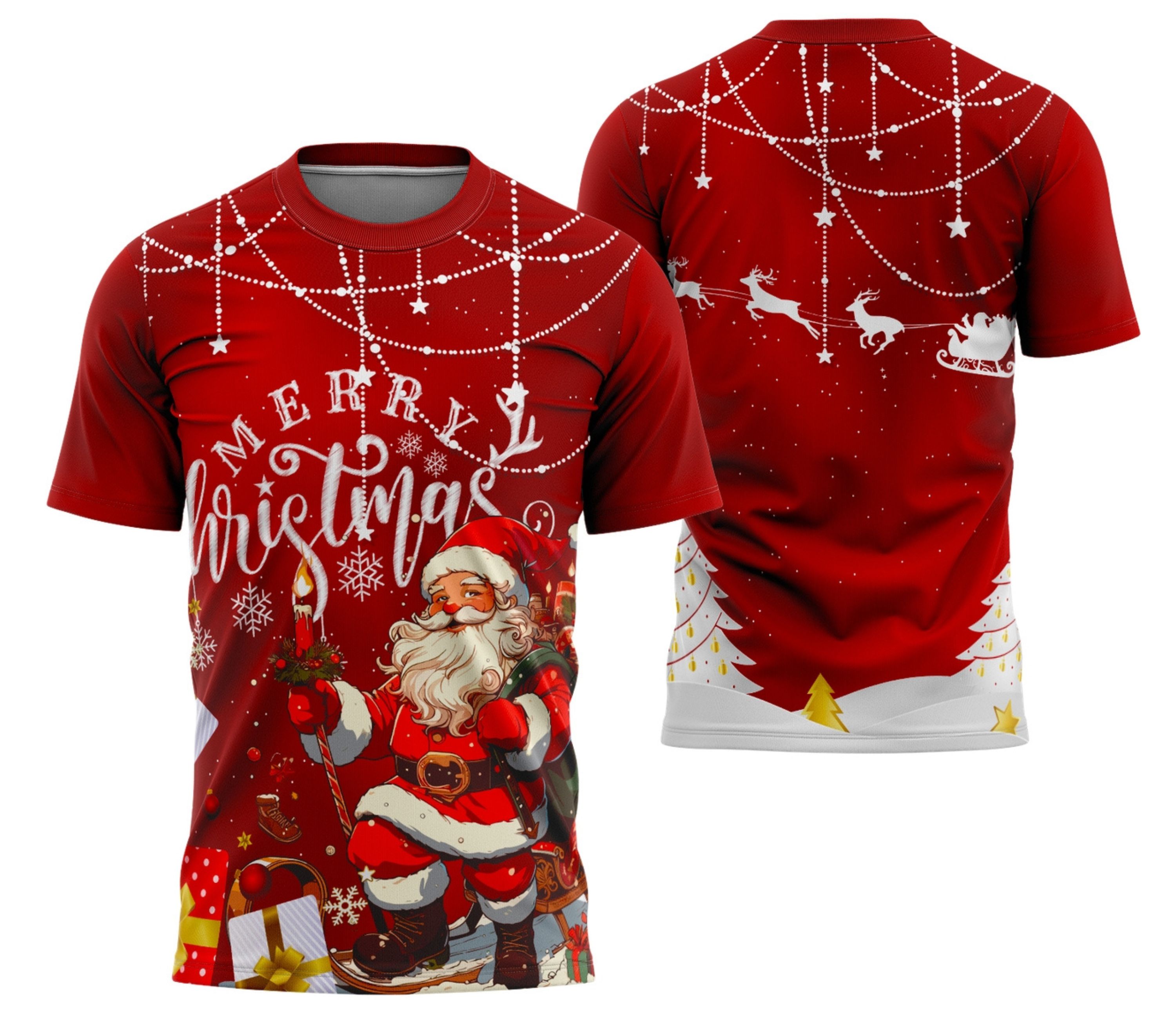 Camiseta unissex preta com logo no peito e estampa grande nas costas mostrando design Feliz Natal 2025 para subir no clima natalino e festivo.