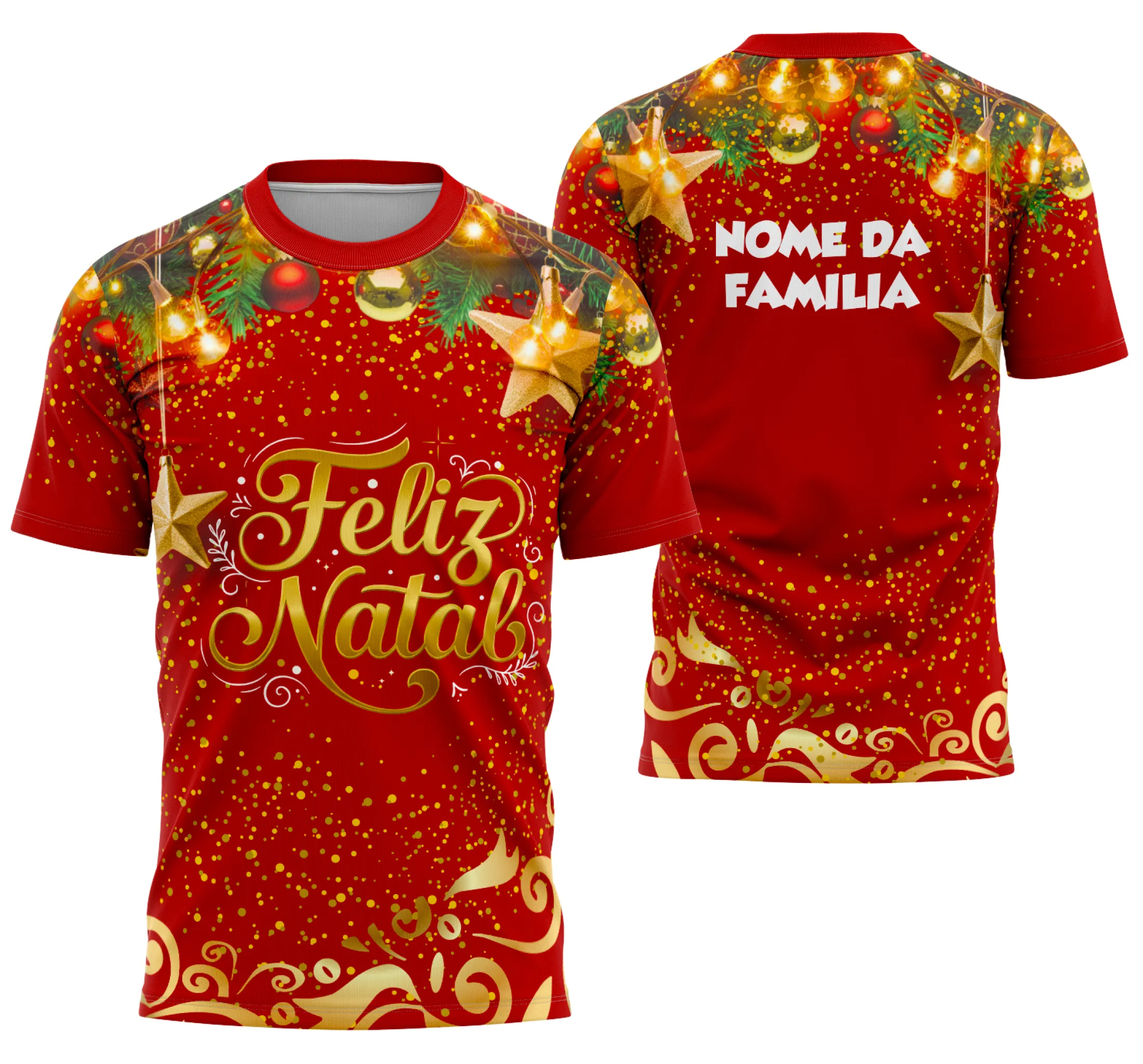 Camiseta unissex branca com logo no peito e estampa grande nas costas com tema Feliz Natal 2025, perfeita para celebrar com estilo e conforto.