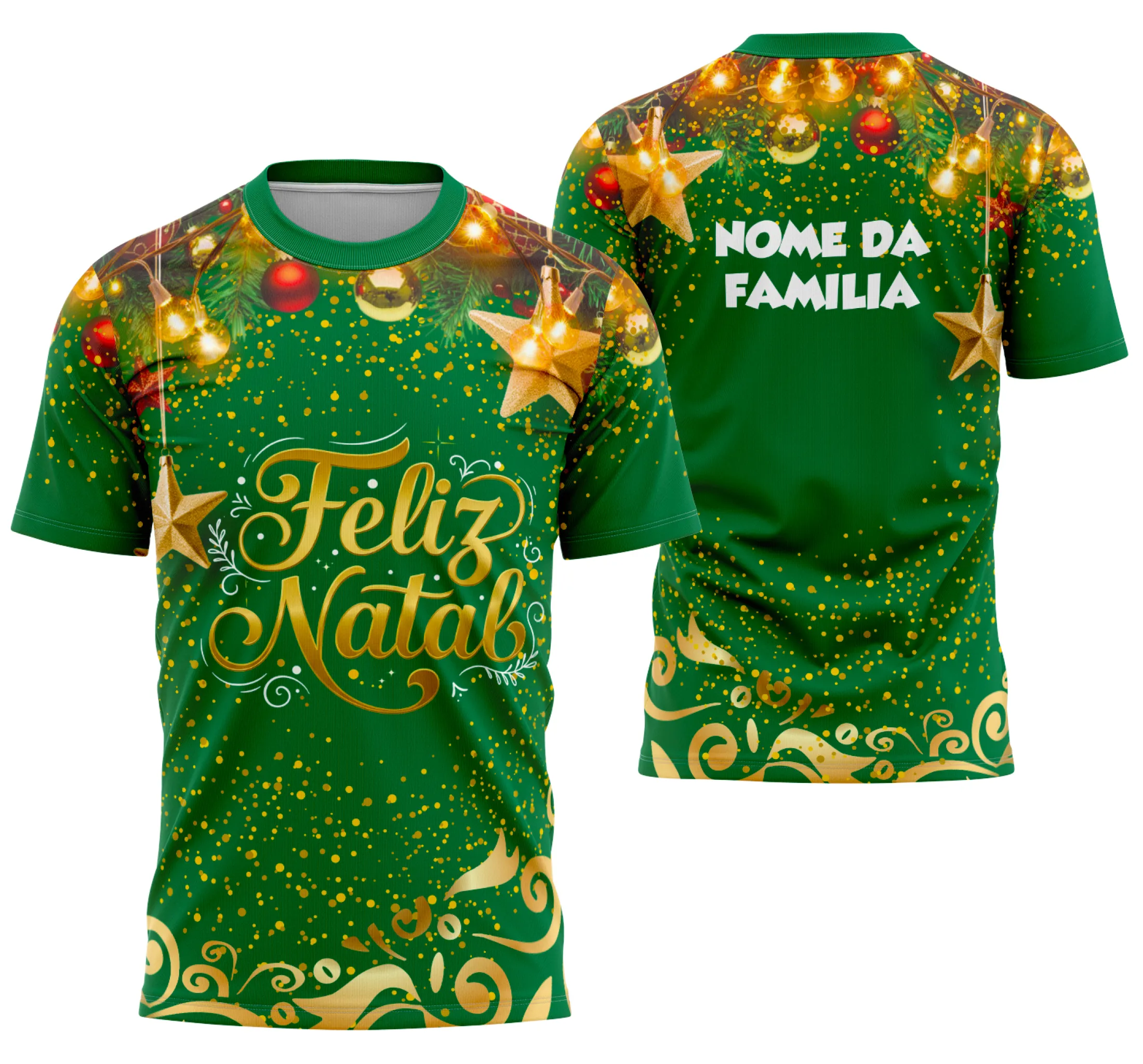 Camiseta unissex branca com logo no peito em vermelho e estampa grande nas costas celebrando Feliz Natal 2025 em design natalino vibrante e moderno.