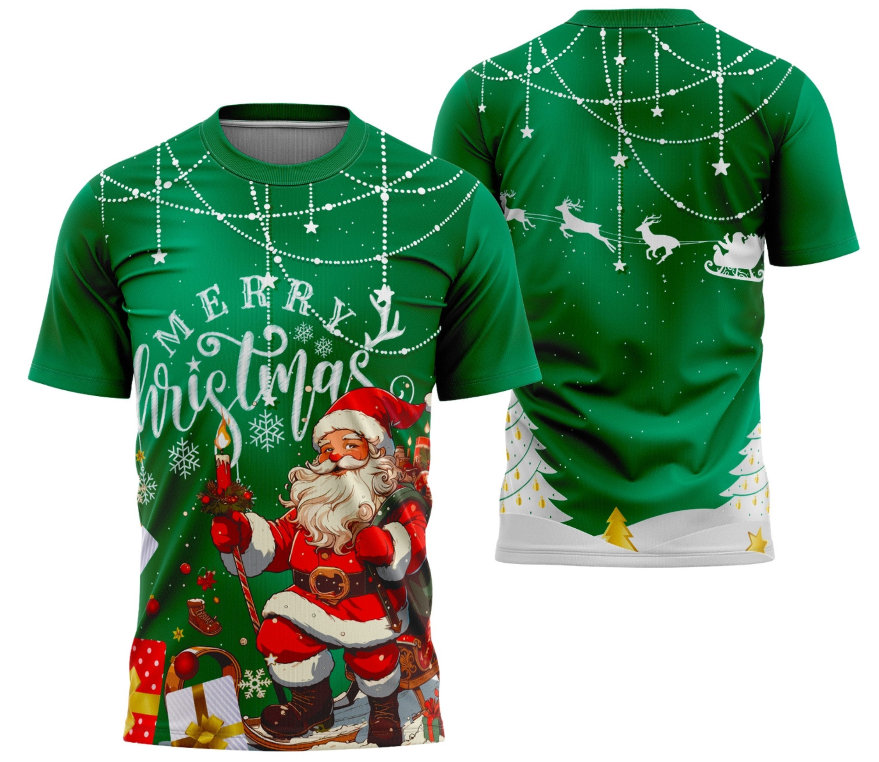 Camiseta unissex branca com logo no peito e estampa grande nas costas com tema Feliz Natal 2025, ideal para celebrar a data com estilo e conforto.