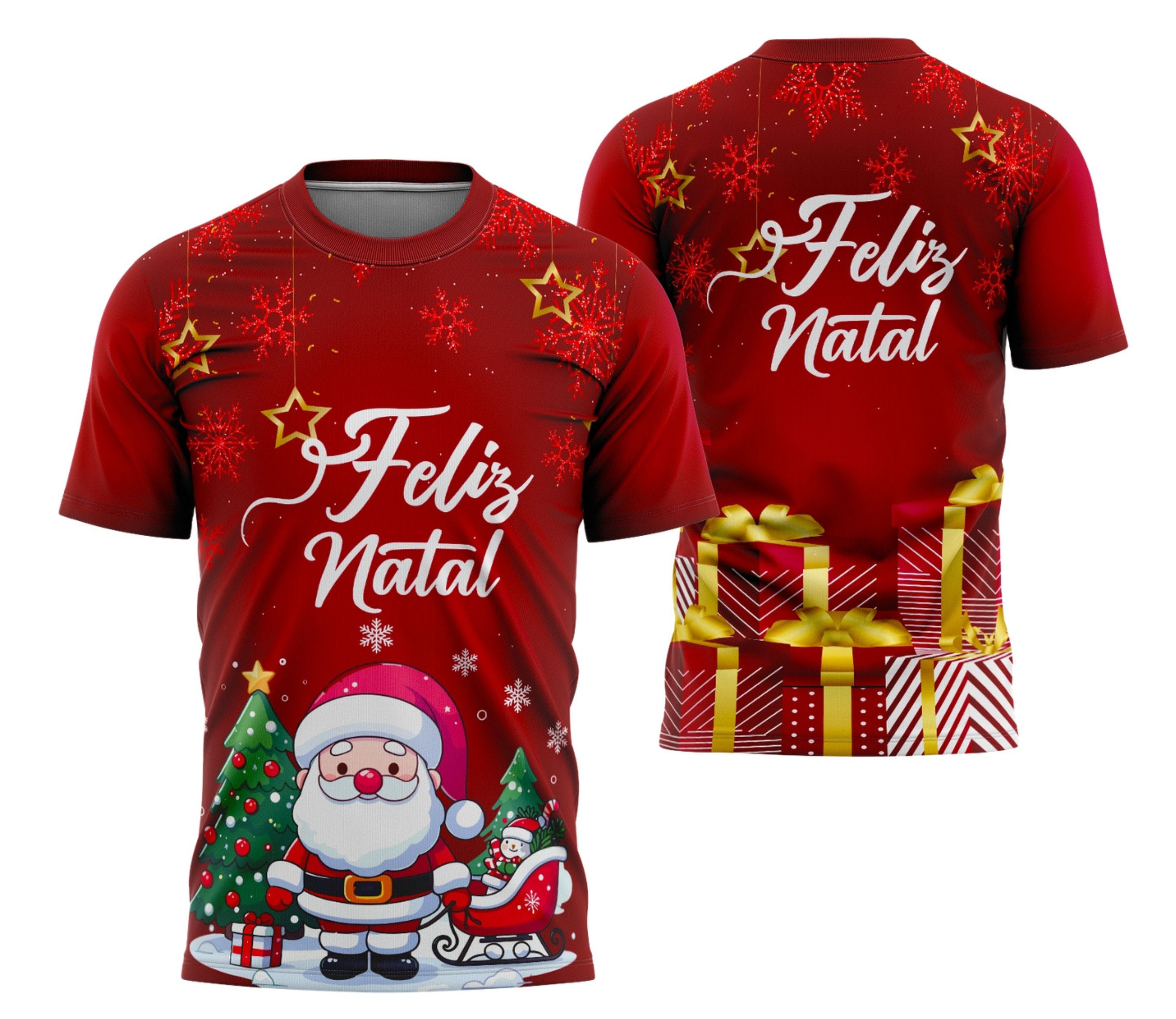 Camiseta unissex preta com logo no peito e estampa grande nas costas comemorando Feliz Natal 2025, ideal para celebrar a data com estilo e conforto.