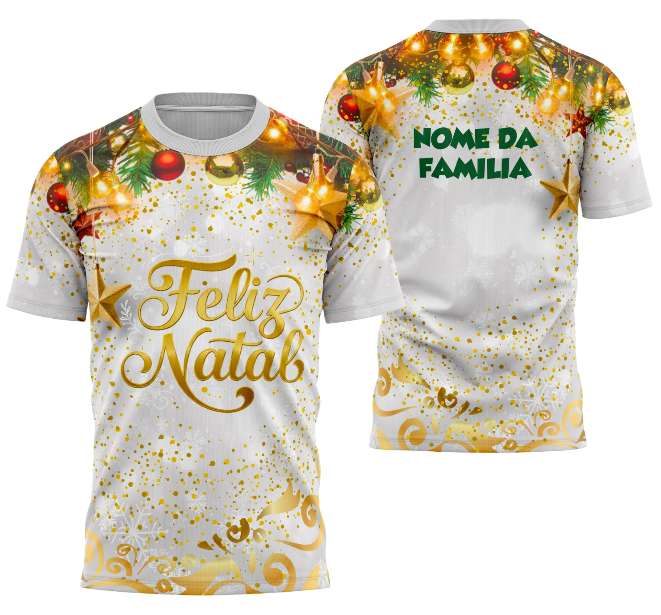 Camiseta unissex branca com logo no peito e estampa grande nas costas com tema Feliz Natal 2025 para sublimação, ideal para clima natalino e festas em família.